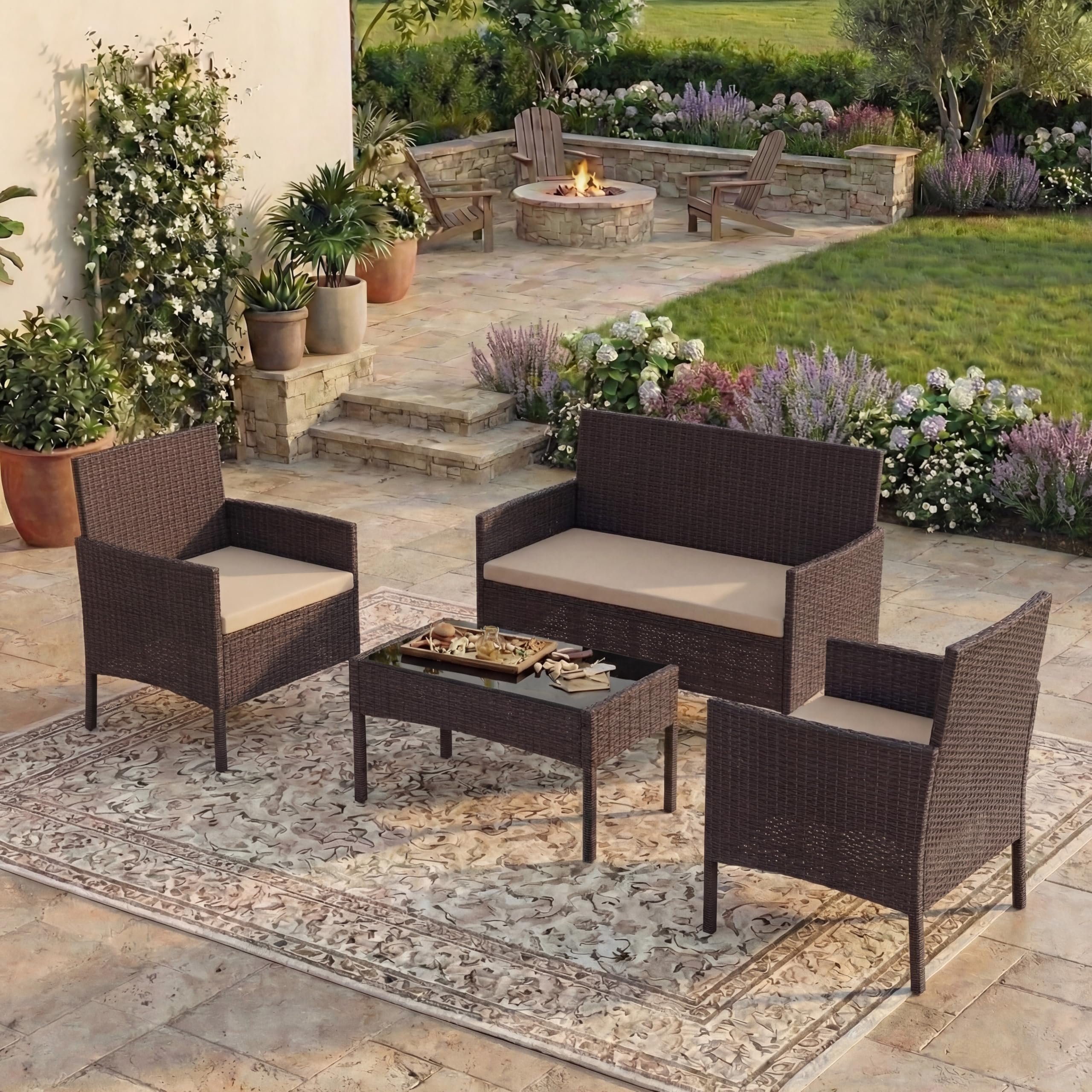Garden Vida Kendal 4-częściowy zestaw rattanowy do siedzenia ogrodowego, brązowy (certyfikat (UKFR), meble ogrodowe, patio, na zewnątrz