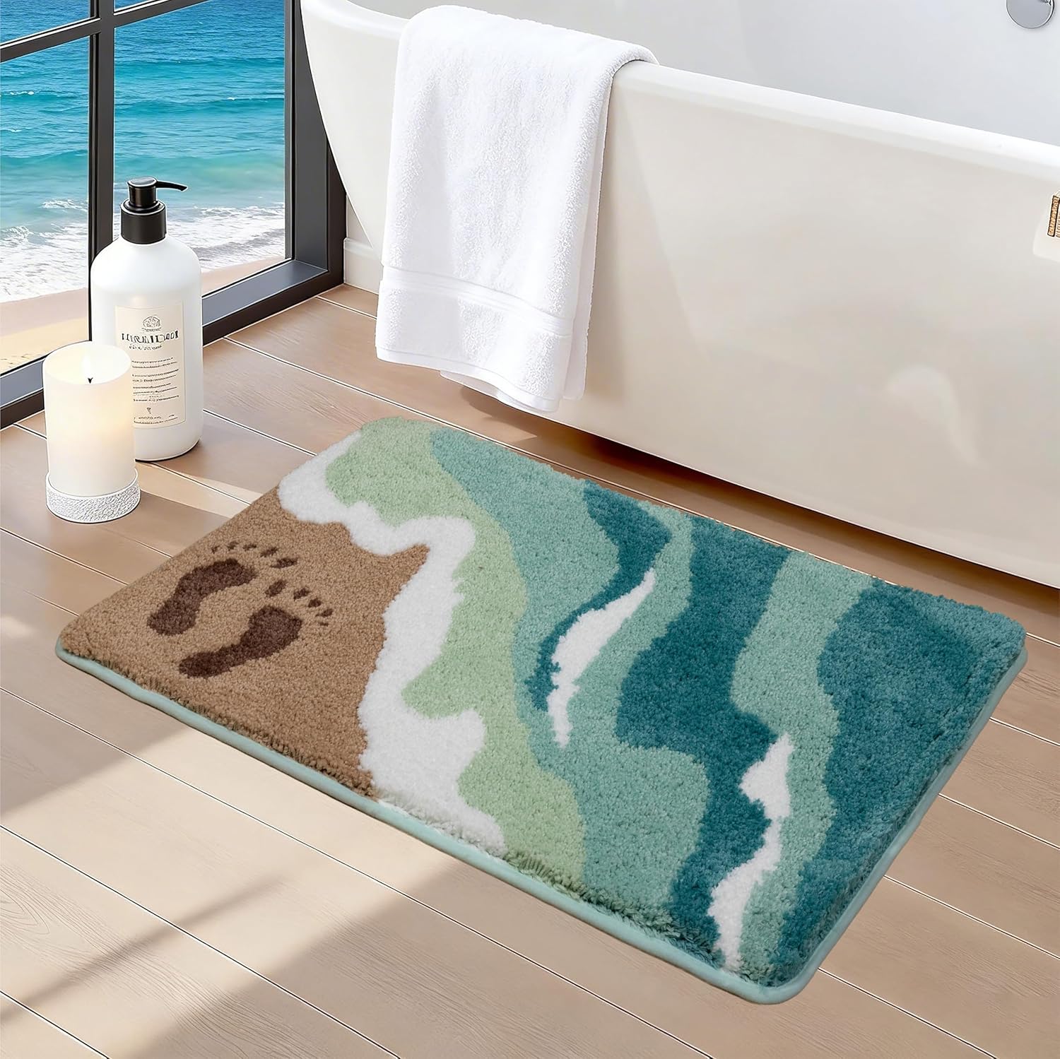 ORTIGIA Beach Green Bathroom Rugs Non Slip Washable, 20x32 Soft Microfiber Sea Bath Mat, Quick Dry Absorbent Coastal Shower Rug for Bathroom Floor Tub Shower Sink