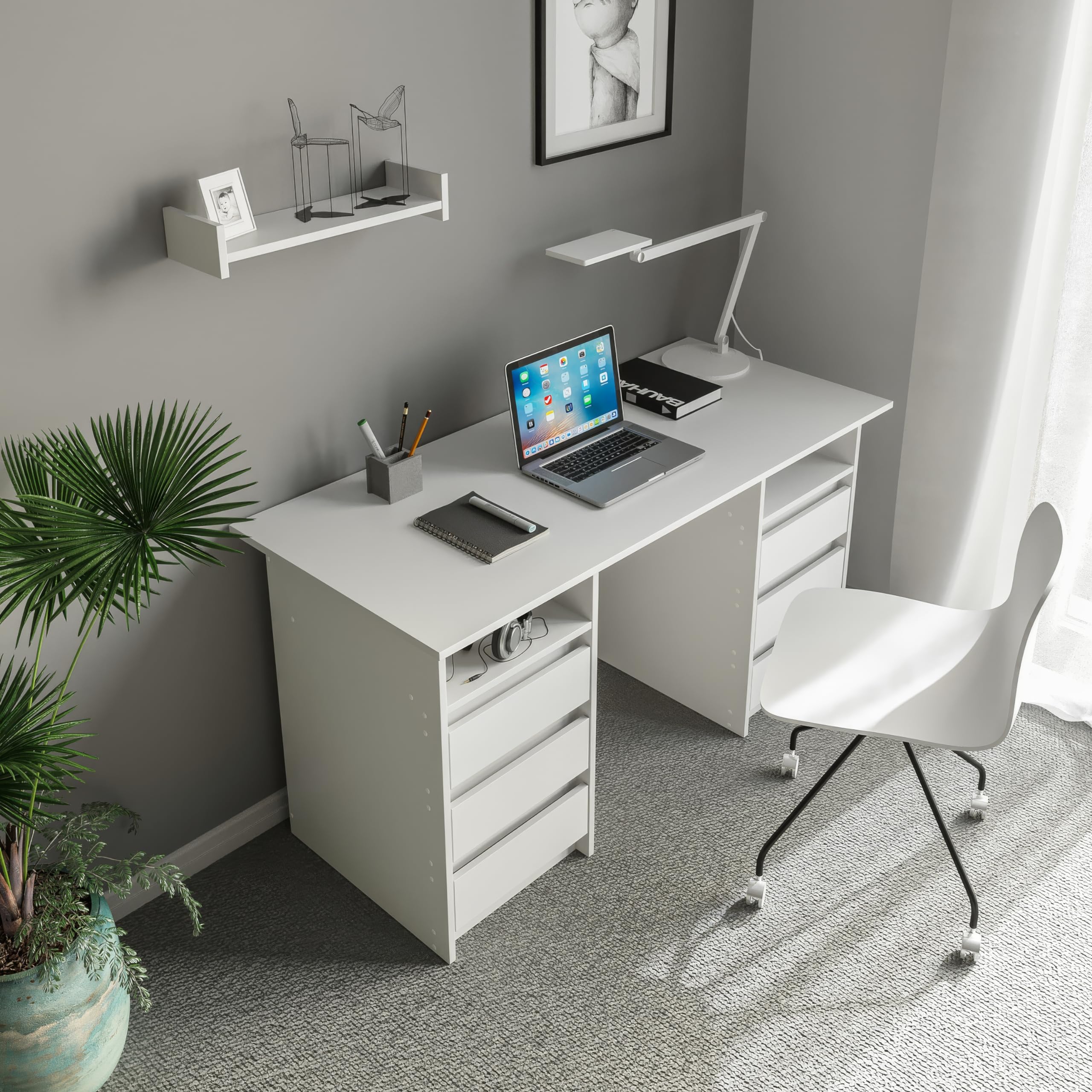 KOMTO Schreibtisch mit Schubladen - Oslo 140 x 60 x 74 cm Moderner Schreibtisch Weiß Bürotisch Computertisch Arbeitstisch Büro PC-Tisch Kinderschreibtisch mit Stauraum