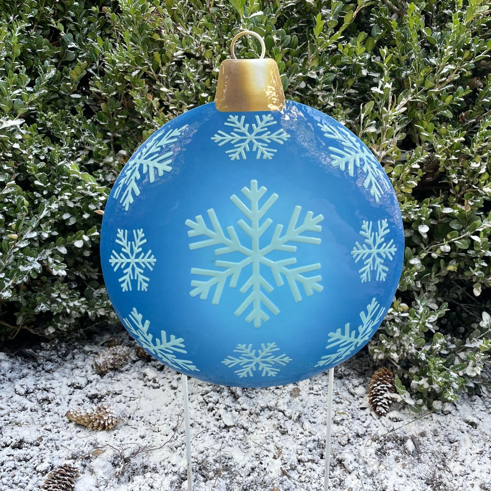 Clovers GardenBlue Metal Christmas Ball Ornament Yard Stake with White Snowflakes - Elegant Lawn Holiday Sign for Outdoor or Indoor - Walkways, Planters and Walls