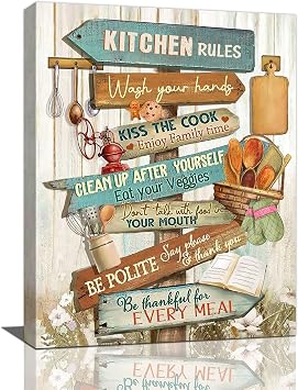 Kitchen Wall Art Farmhouse Kitchen Pictures Wall Decor Rustic Kitchen Rules Kitchen Sign Canvas Prints Painting Modern Home Framed Artwork For Dining Room Restaurant 12"x16"