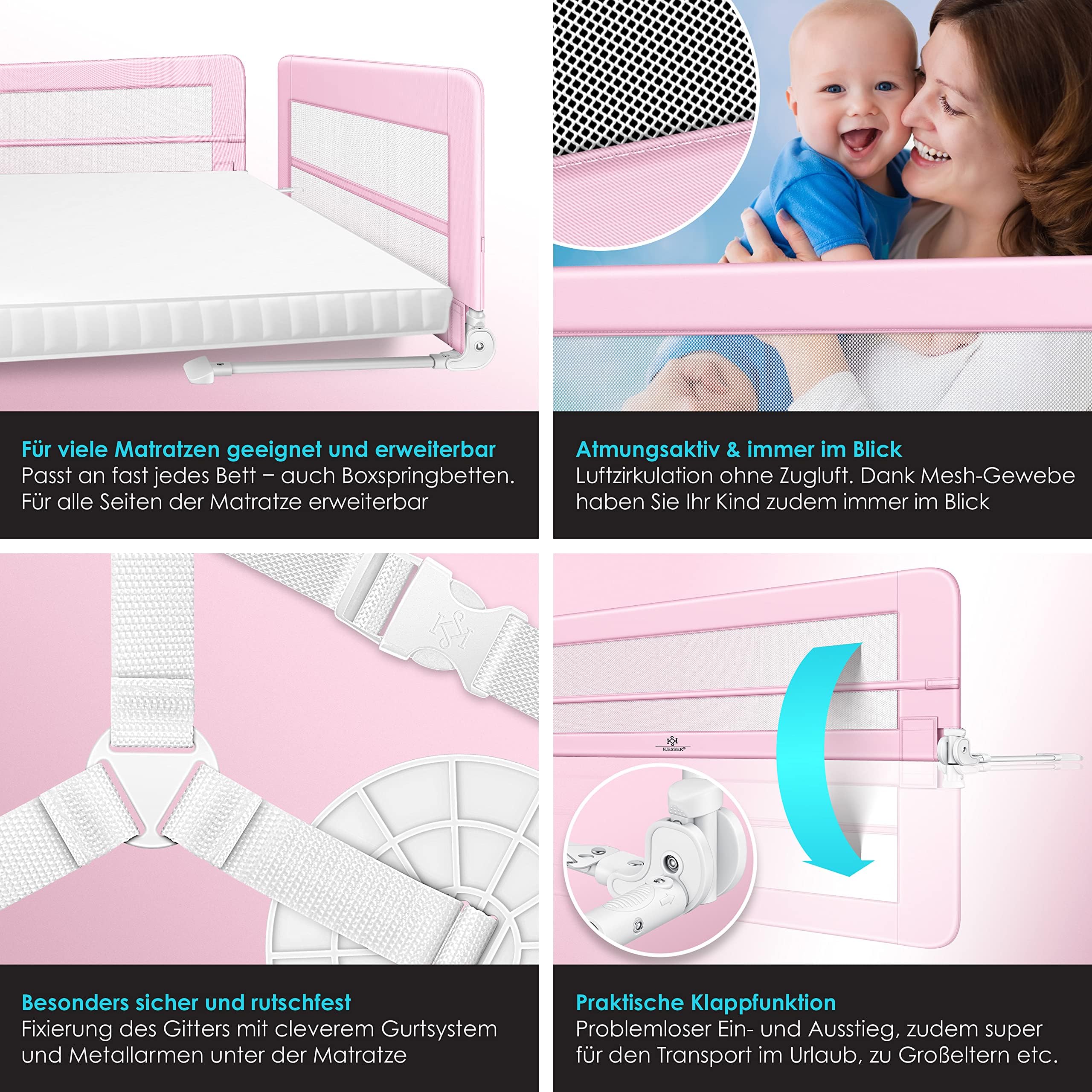 KESSER® Sponda da letto Protezione per letto Sponda da letto bambini Sponda da culla Barriera letto per bambini, Hellrosa - 180cm