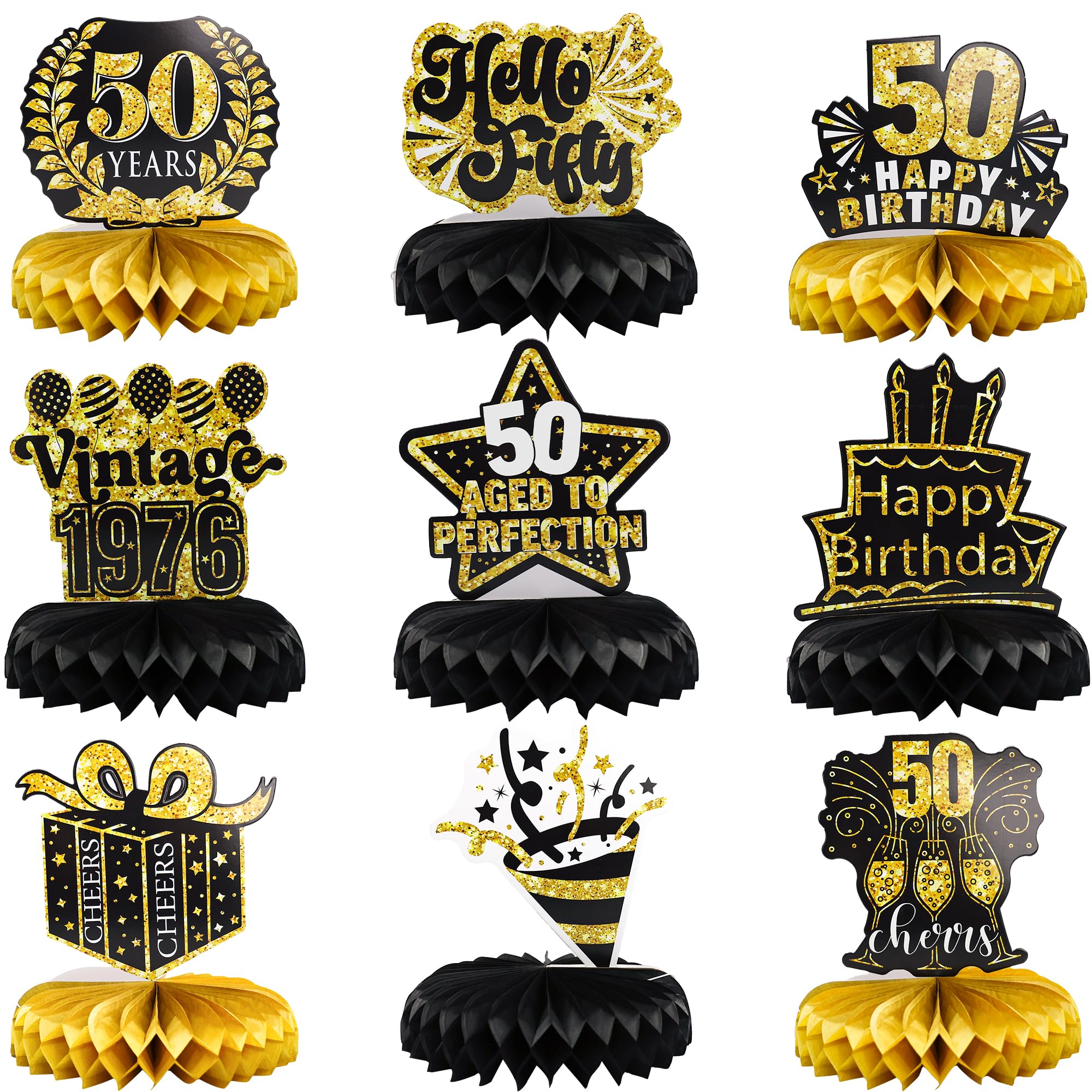 Gyufise 9 Pack 50th Birthday Decoration for Men Women 50th Birthday Table Decorations Cheers to 50th Birthday Honeycomb Centerpieces 1976 Table Topper Black and Gold 50th Birthday Party Favors
