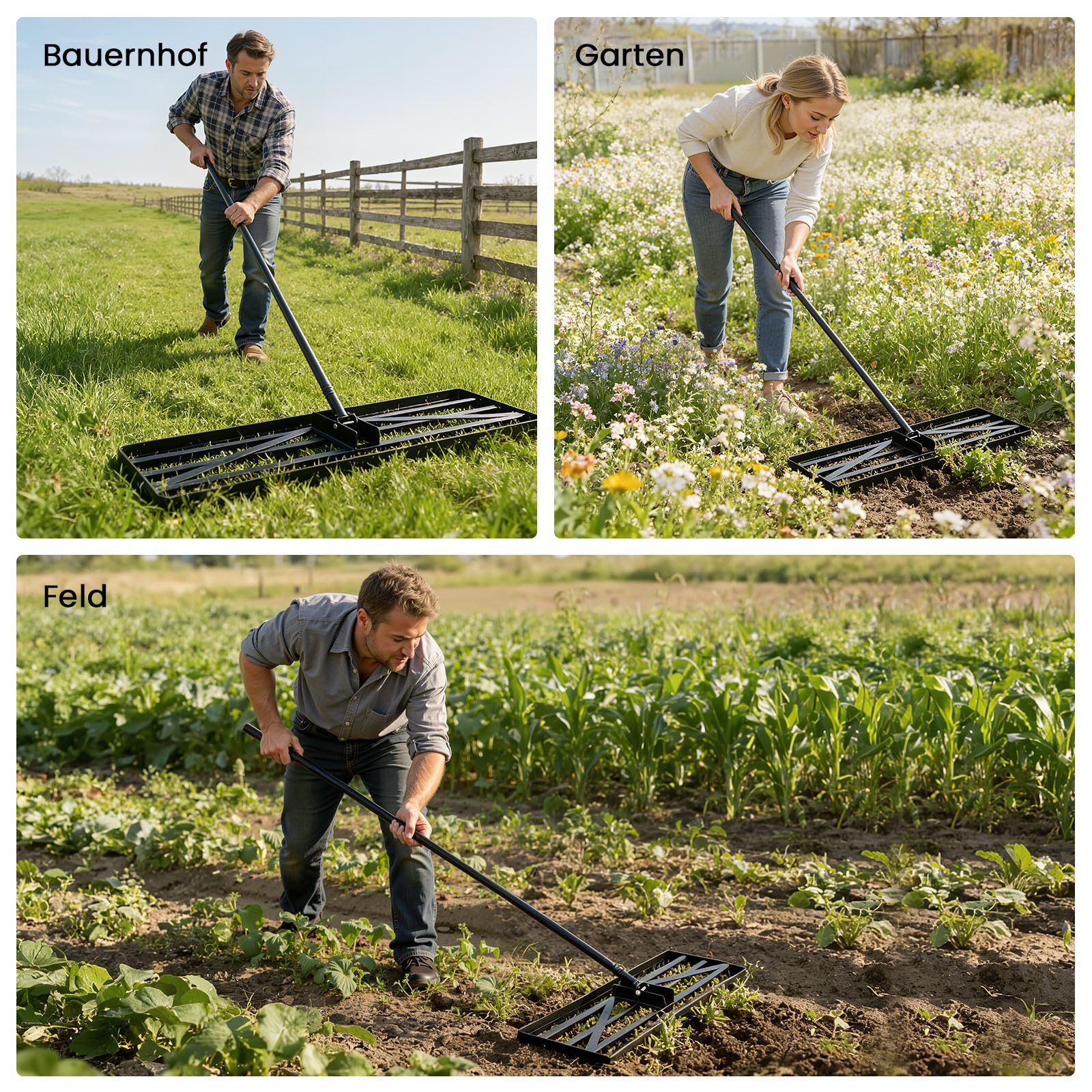 Rasenrechen, 110 x 30 cm, Gartenrasen-Nivellierrechen mit 210 cm extra langem Stiel Gartengerät zum mühelosen Nivellieren von Garten-, Golfplatz- und Farmrasenflächen (110 cm)