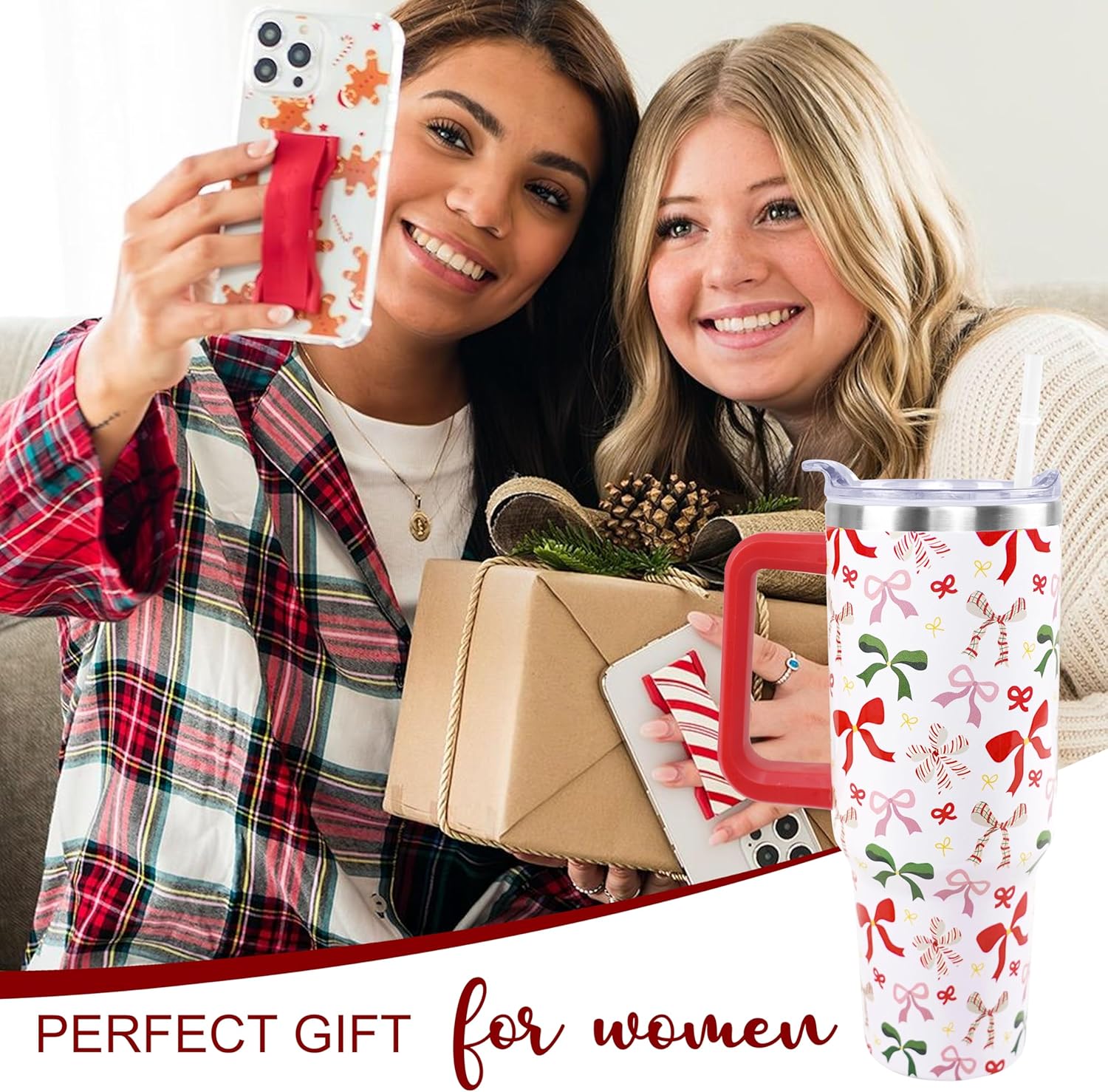 Christmas Tumbler, Cute Xmas Bow Tumbler with Handle and Straw, 40 oz Stainless Steel Insulated Water Bottle Christmas Birthday Winter Gifts for Women - Image 7