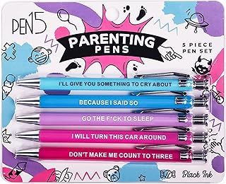Parenting Pens - Funny Gag Gift Set for New Moms and Dads, Snarky Black Ballpoint Pens with Humorous Sayings, Ideal for Office, Baby Showers