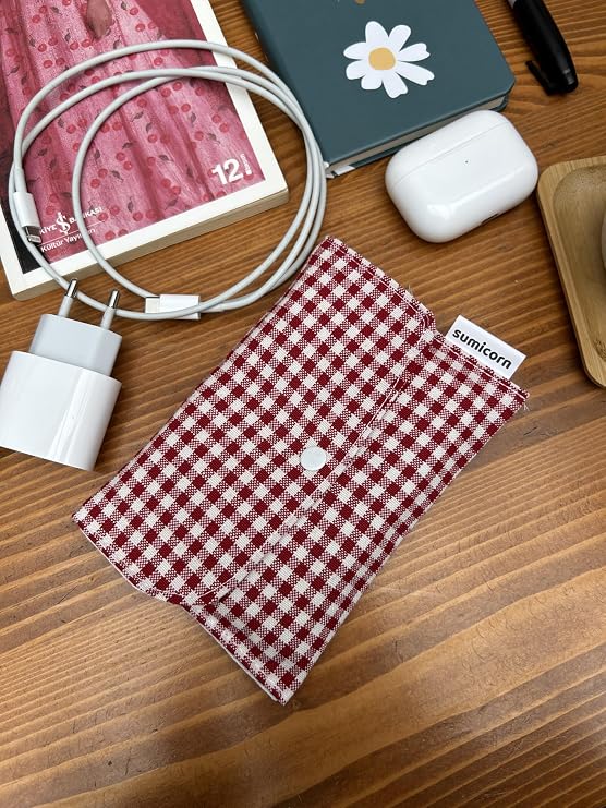 Gingham Linen Washable Snaps Detailed Pad Bag for Women, Mini Cosmetic Makeup Bag, Pad Pouch, Wallet, Card Holder (red)
