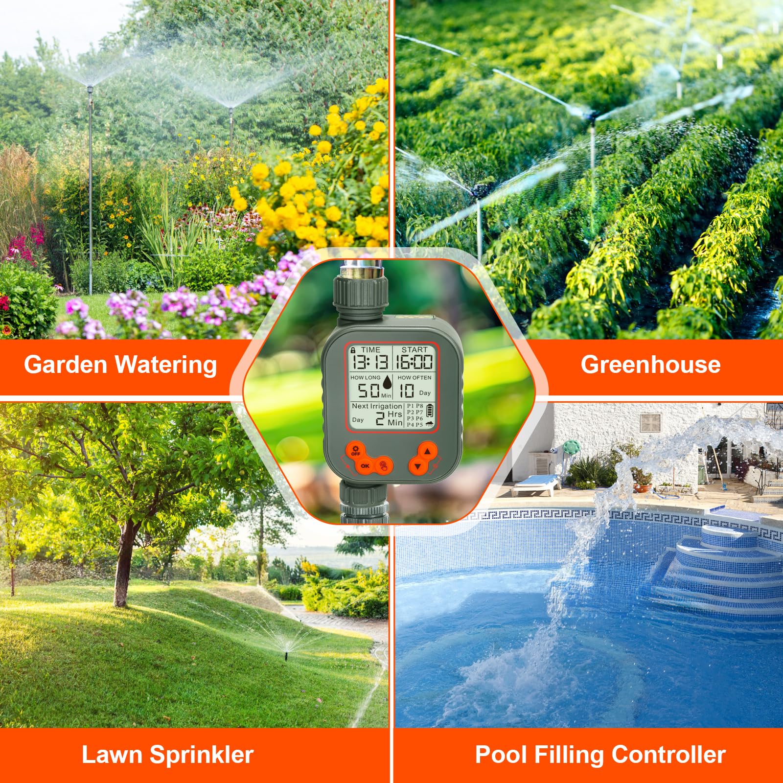 Programmateur Arrosage Automatique Manuel, Retard de Pluie Minuterie d'arrosage, 8 programmes Grand Écran LCD, Verrouillage Enfant, IPX5 Imperméable pour Balcon Jardin Parterre Ferme Extérieur