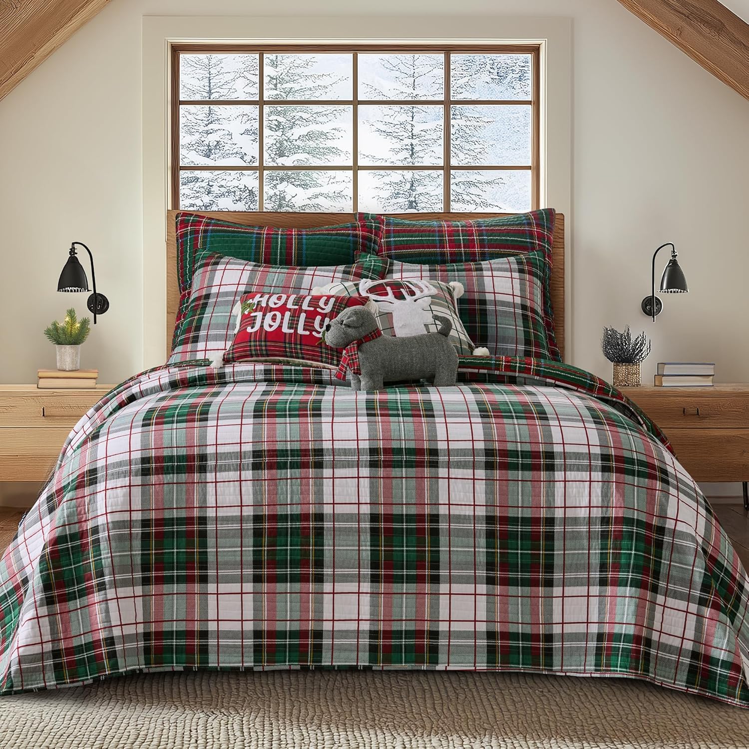 Levtex Home - Spencer Plaid King Bedspread - King (120x106in.) - Green Red White - Reversible - Cotton