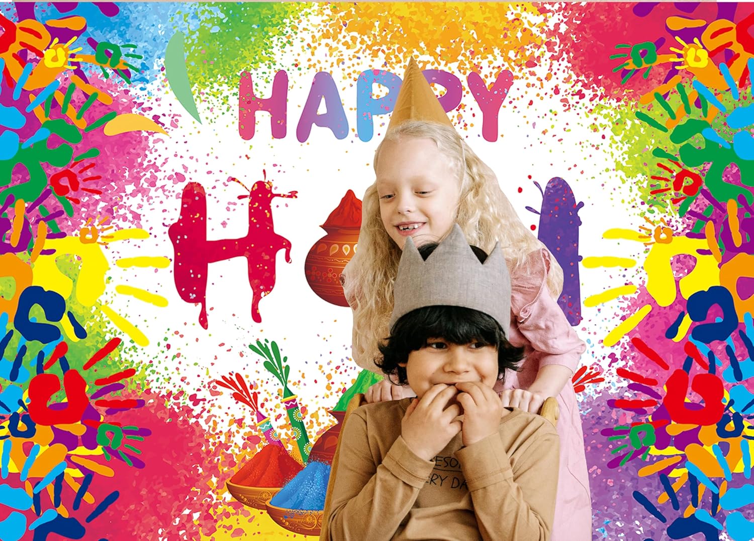 XCKALI Colorful Happy Holi Backdrop Hindu Colorful Powder Graffiti Handprint Pattern Flag Party Decoration Indian Cake Smash Decorations 8x6FT