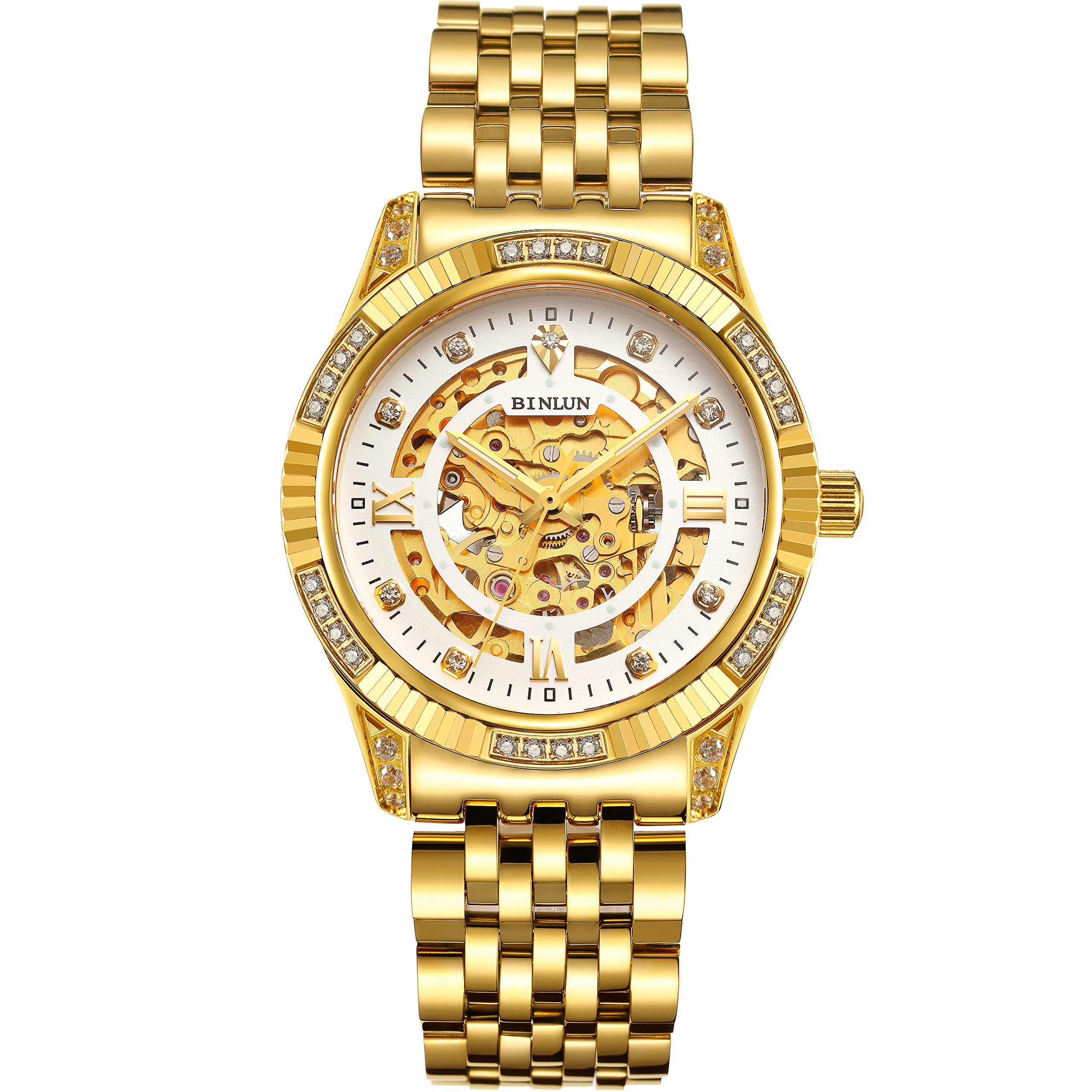 Luxury Men's BINLUN 18k Gold Automatic Skeleton Watches