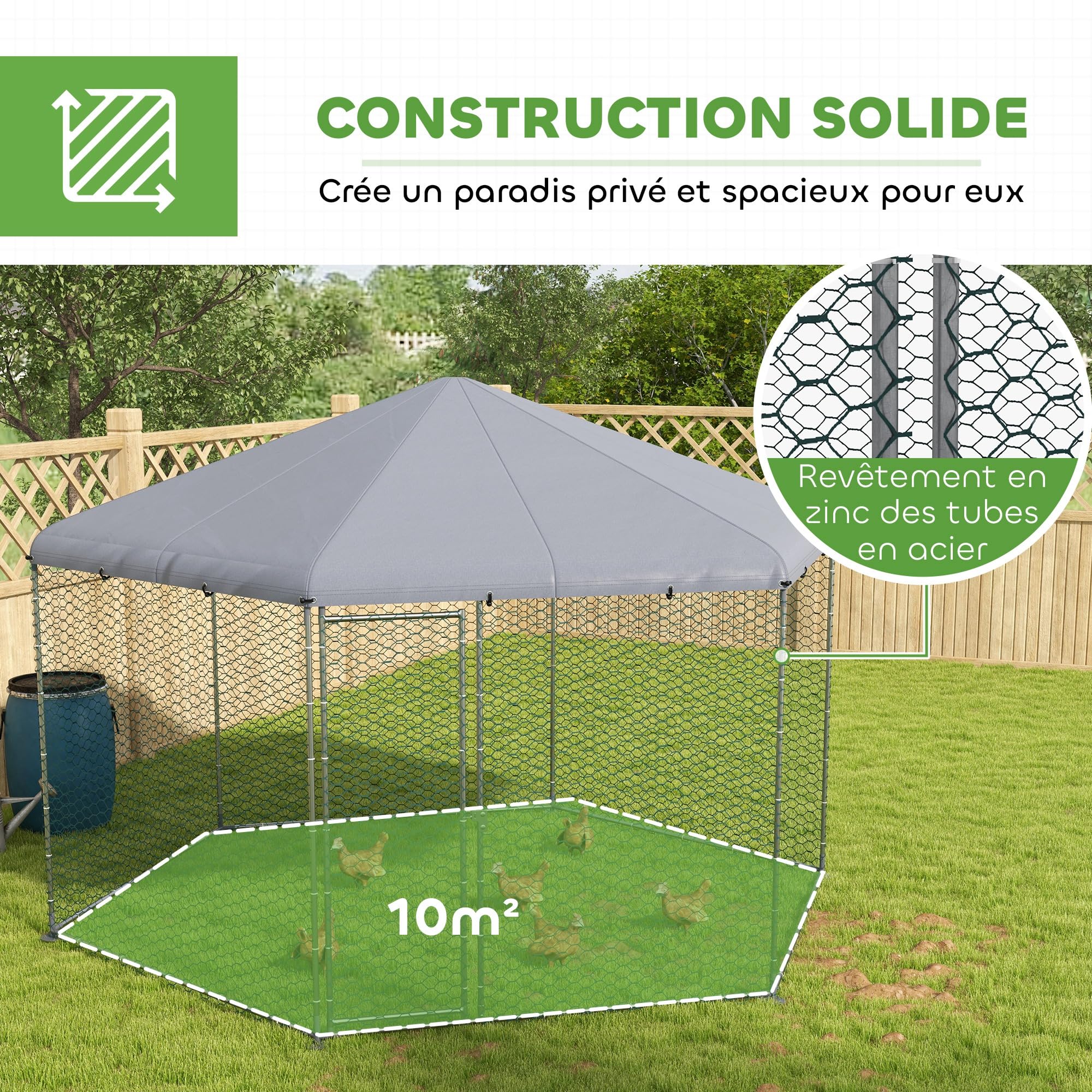 PawHut Enclos Poulailler Hexagonal Extérieur 400 x 346 x 263 cm Argenté | Chenil Volière, 10 m², Parc Grillé, Espace Couvert, Acier Galvanisé, 10-15 Poules