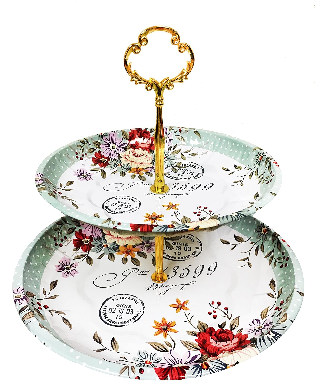 Charmed Vintage Floral pattern 2 tier cake and pastry stand server (Light Sage Green)