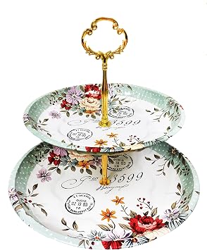 Charmed Vintage Floral pattern 2 tier cake and pastry stand server Light Sage Green