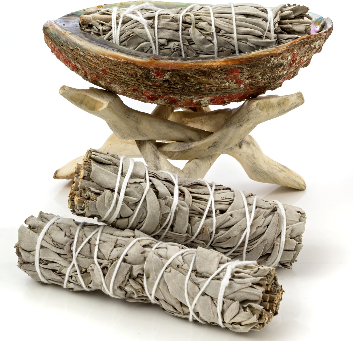 Premium Bundle with 6 Inch or Larger Abalone Shell, Natural Wooden Tripod Stand, and 3 California White Sage Smudge Sticks for Incense Burning, Home Fragrance, Energy Clearing, Yoga, Meditation