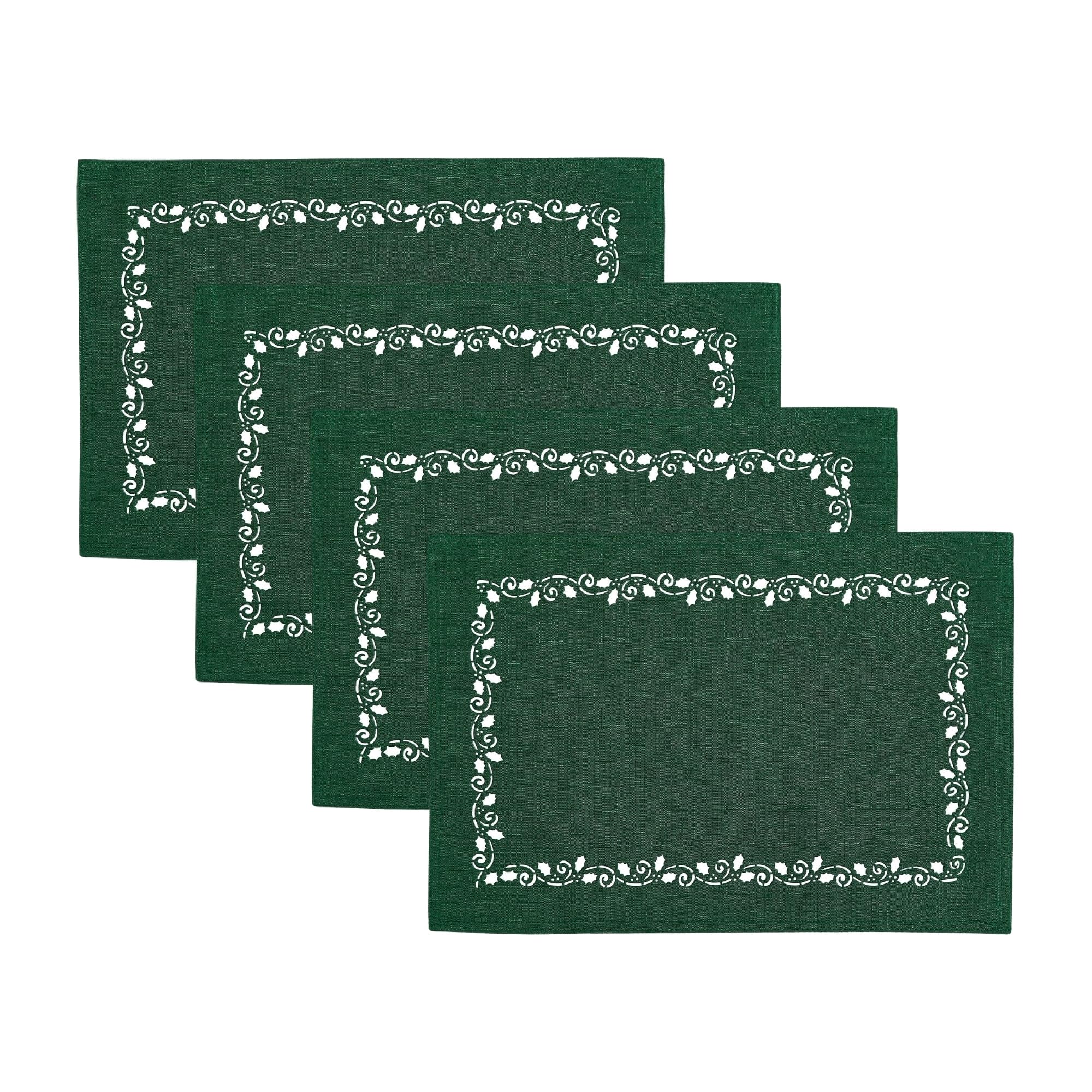 Elrene Home Fashions Holly Scroll Laser Cut Holiday Fabric Dining Placemats, Set of 4, 13"x19", Holly Green