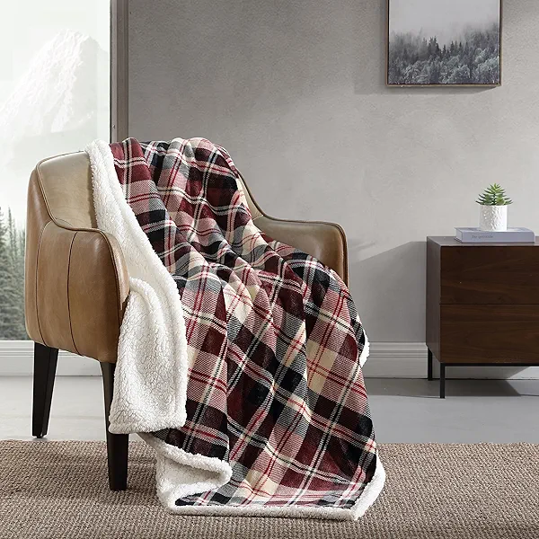 Eddie Bauer - Blanket, Super Soft Reversible Sherpa & Brushed Fleece Bedding, Throw Blankets for Couch, Ideal for Lounging (Trailhead Plaid Red)
