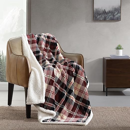 Eddie Bauer- Throw Blanket, Reversible Sherpa Fleece Bedding, Home Decor for All Seasons (Trailhead Plaid Red, Throw)