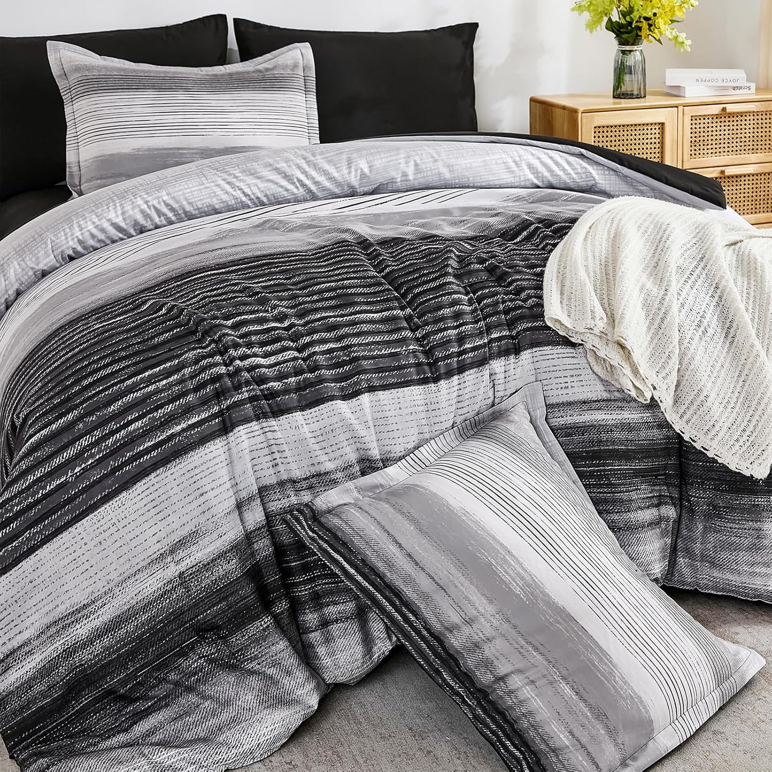 WONGS BEDDING Black Queen Comforter Set 7 Pieces, Striped Comforter Bedding Set for All Season, Ultra Soft Queen Size Bed in a Bag with Sheets, Pillowcases & Shams image 7 of 8 B0DCS54WV2