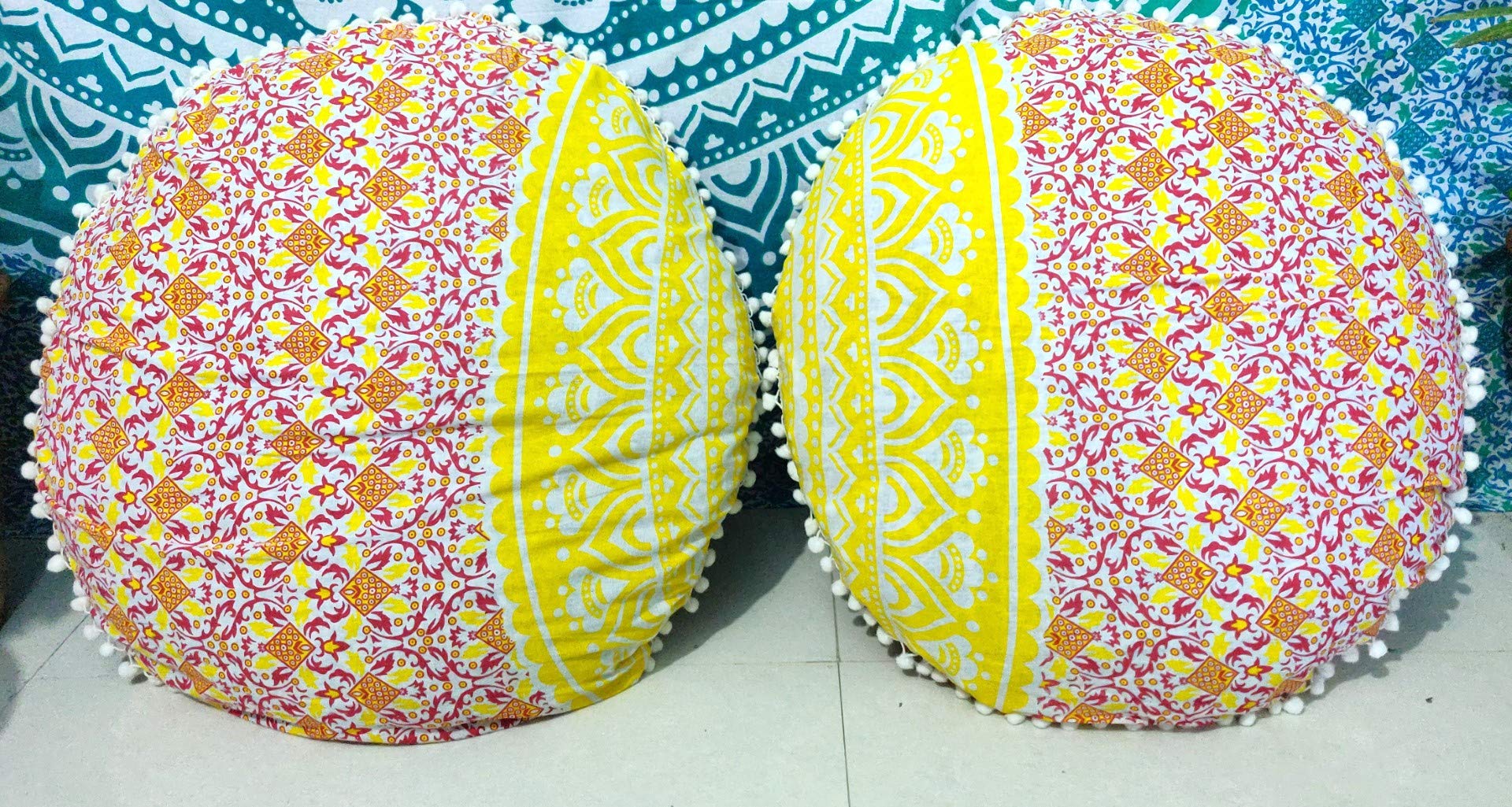 Indian craft castle 24" Barmeri Large Floor Pillow Cover Cushion Meditation Seating Ottoman Throw Cover Hippie Decorative Zipped Bohemian Pouf Ottoman Pom Pom Cases 24 " round set of 2 (Orange Yellow Ombre)-image-30