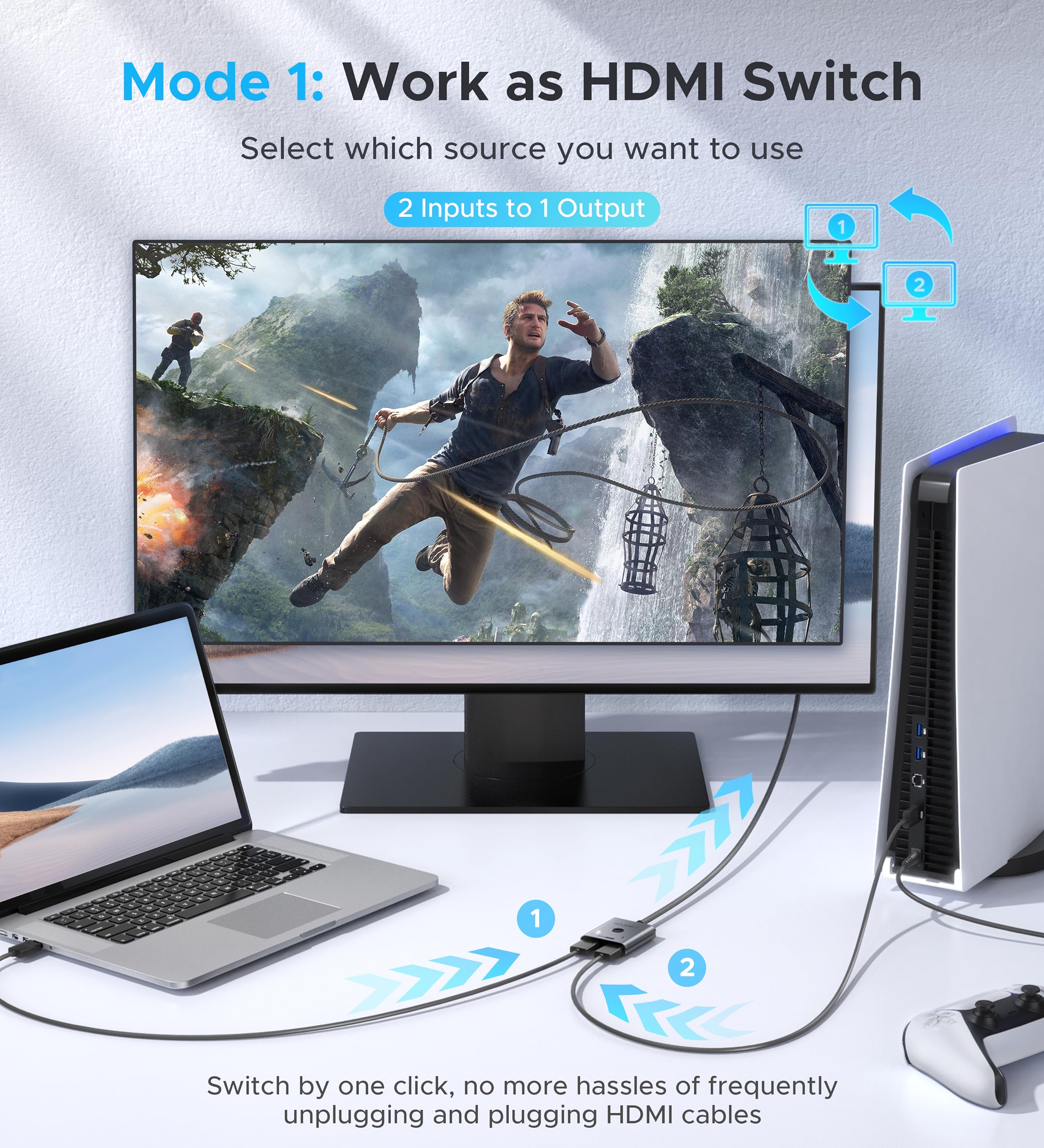 The WARRKY HDMI Switcher 2 in 1 Out, showcasing its compact aluminum design and fixed braided cable, ideal for Canadian gaming and streaming setups.