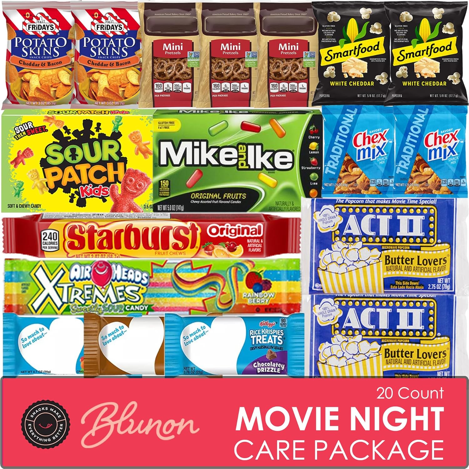 Movie Snacks Box - Movie Night Basket Gift Set - Movie-Night Snack Box for Families and Kids - Gift Basket - Popcorn Movie Night Kit - Popcorn, Candy, Snack Box Assortment (20 Count)