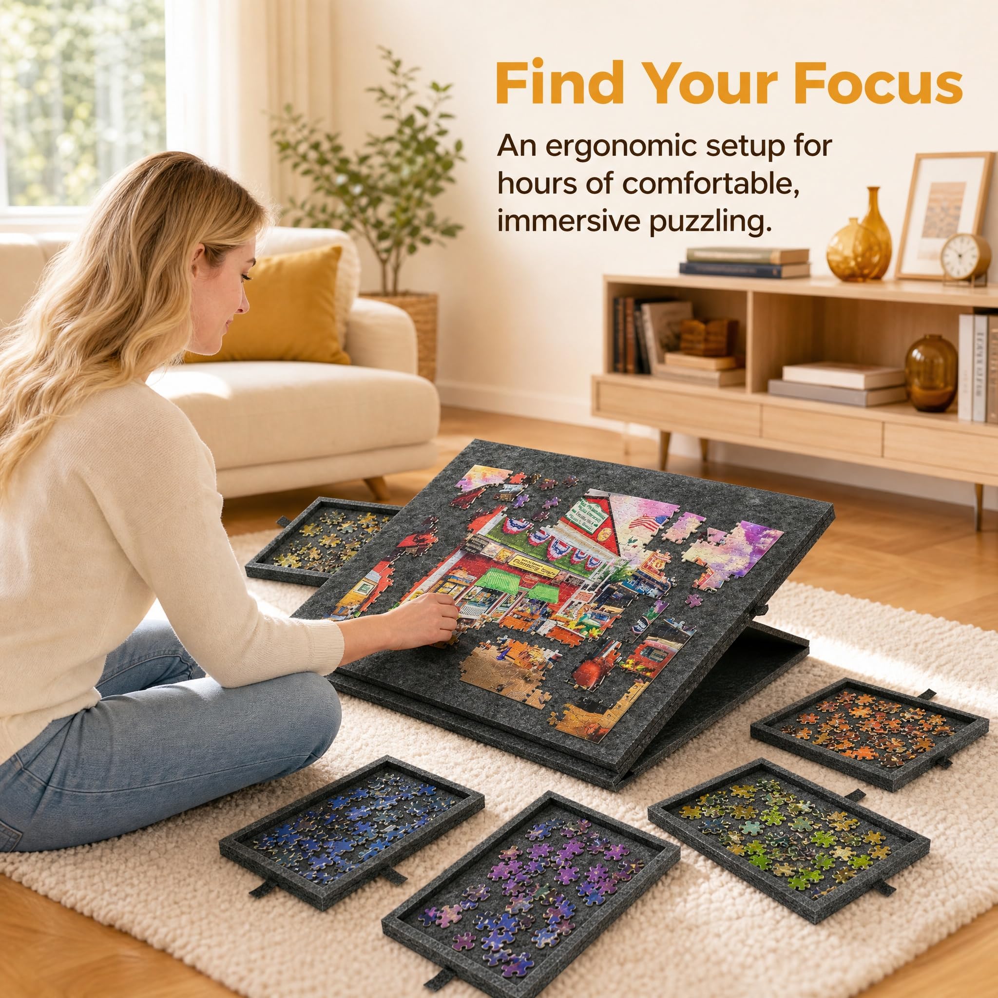 Stół do puzzli z 6 szufladami i pokrywą, przenośny organizer do puzzli z filcu ze stojakiem 2 w 1, regulowany stół do puzzli, na maks. 1000 części, idealny do sortowania i przechowywania (ciemnoszary)