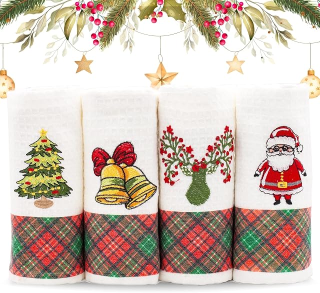 Lavien Home Christmas Kitchen Towels Embroidered, New Year's Eve Celebration Decoration with Plaid Turkish Cotton Waffle Weave Decorative Tea Towels (Set of 4), 16 x 23 inches (Christmas Red)