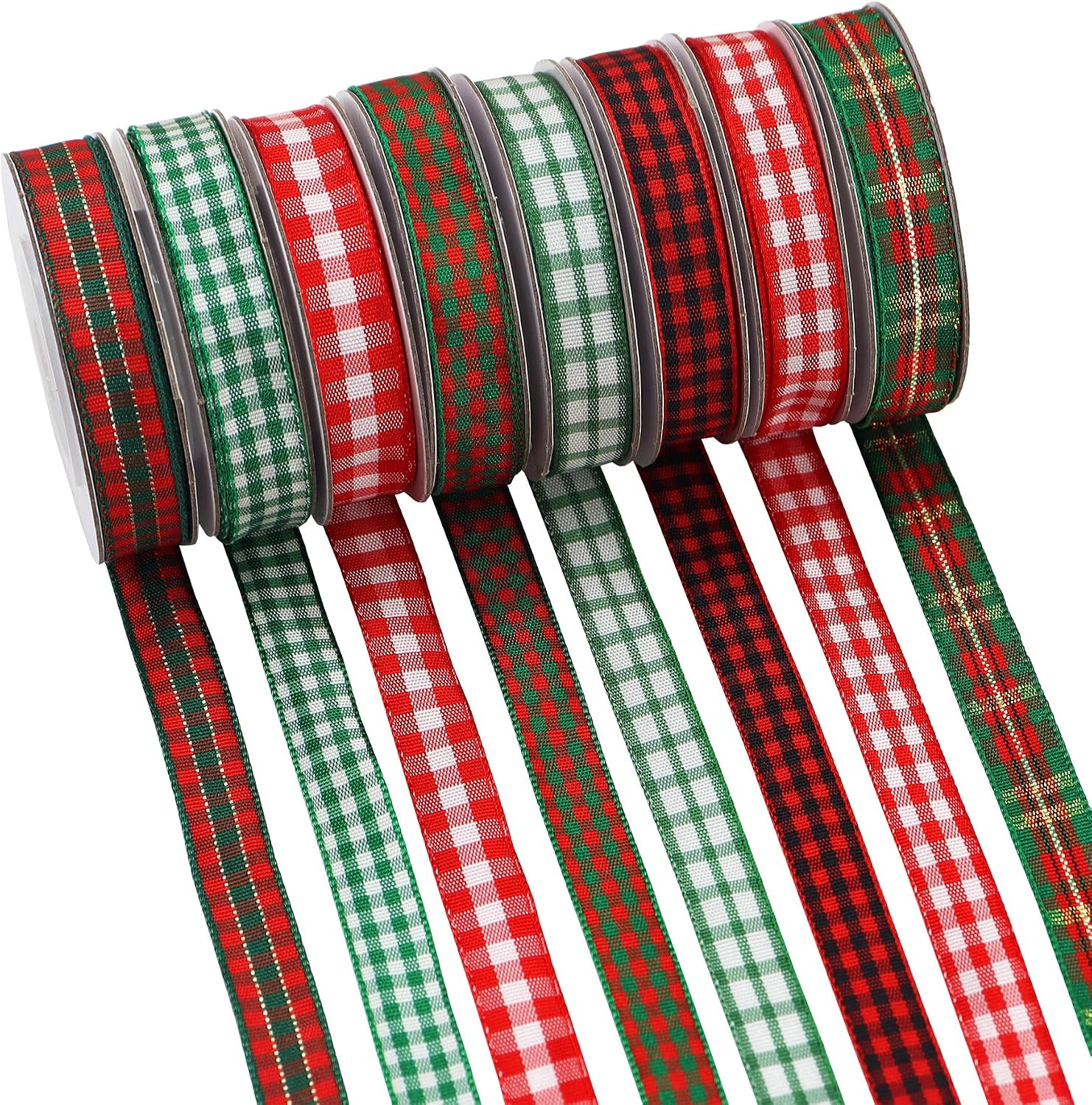 Plaid Christmas Ribbon, 3/8" X 5 Yard Each, Total 40 Yds, Red, Green, Gold, Polyester, Perfect for Gift Wrapping, Home & Christmas Decorations