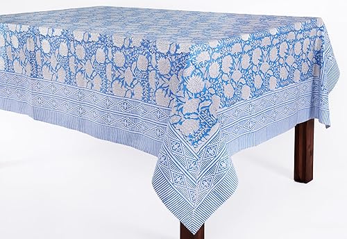 Miniatura 10 de ATOSII Mantel redondo azul azora 100% algodón, estampado floral a mano, para cocina, comedor, lino, fiestas, bodas, exteriores, 90 pulgadas, redondo