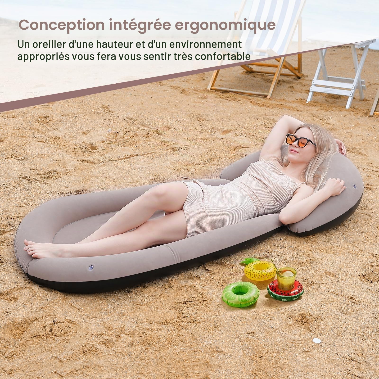 ROUSKY Tapis de plage gonflable, 178 x 79 cm, surface floquée, coussin surround (kaki)