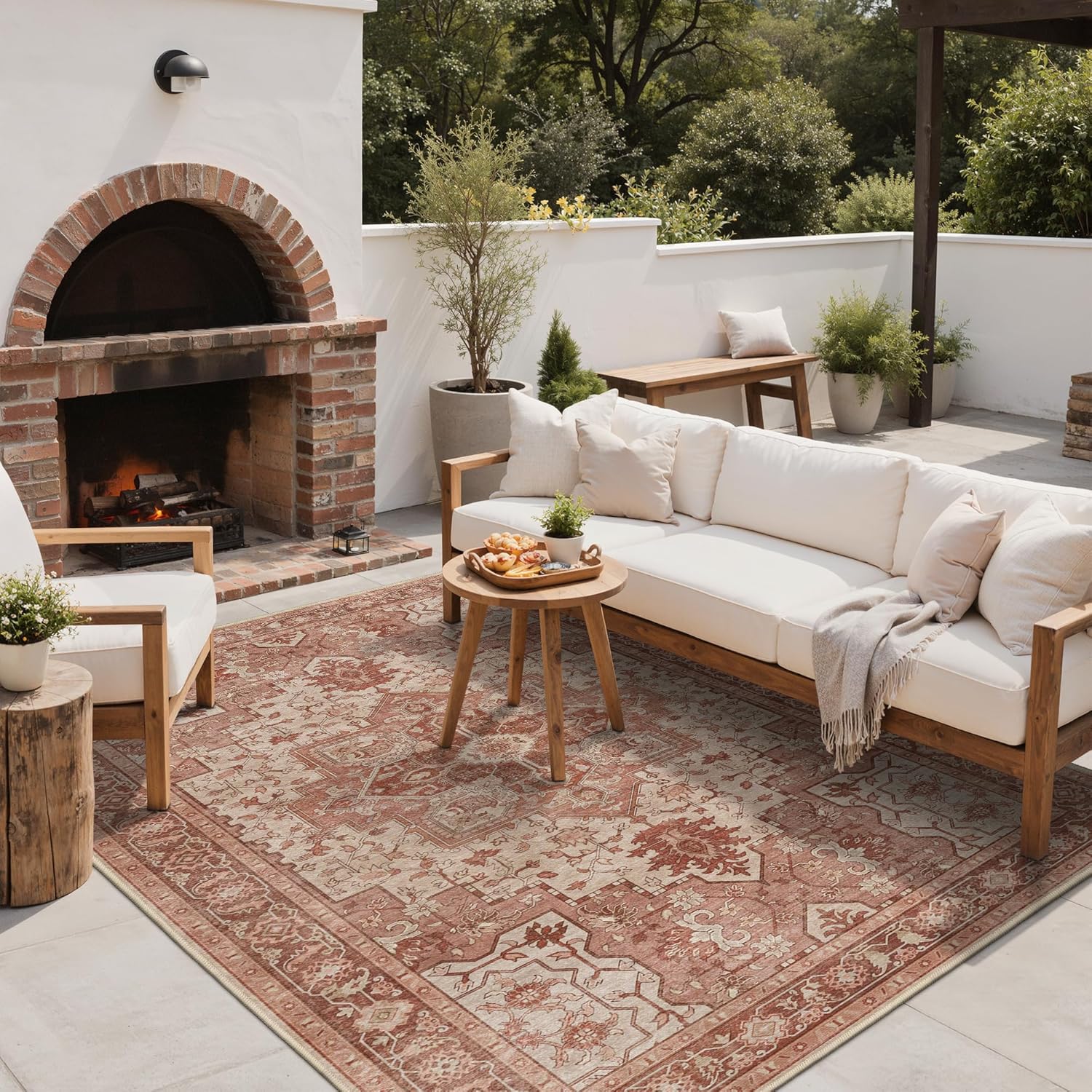 GENIMO Outdoor & Indoor Area Rug 5'x8', Waterproof, Non-Shedding, Easy Cleaning, Boho Mat for Patio, Living Room, Balcony, Dining Room, RV, Deck, Bedroom, Camping, Outside Carpet,Brown Red