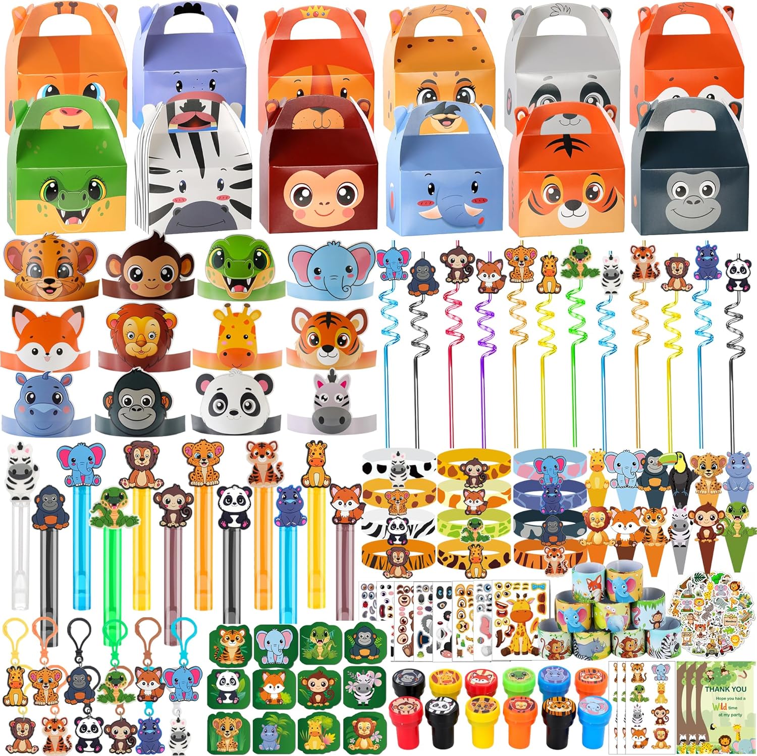 All-in-One - 256 Pcs Wild One Jungle Safari Birthday Party Decorations - Zoo Animal First Birthday Supplies Kit - Includes Favor Boxes, Bubble Wands, Straws, Party Hats, Stickers & Cake Toppers etc