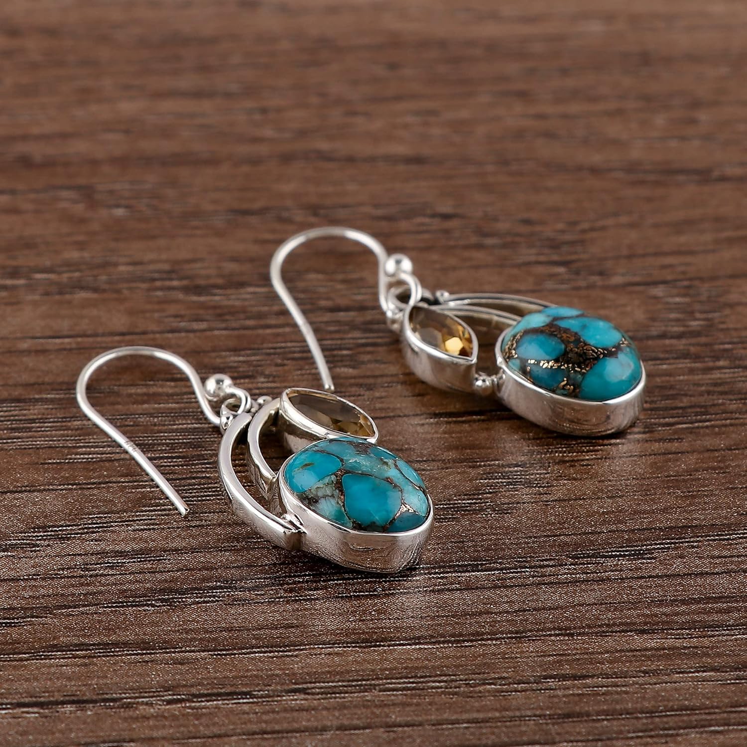 925 Sterling Silver Dangle Earrings, Genuine Sky Blue Turquoise & Citrine Gemstone, Handmade Boho Jewelry for Women, Chakra Healing Crystals, Christmas Day Gift