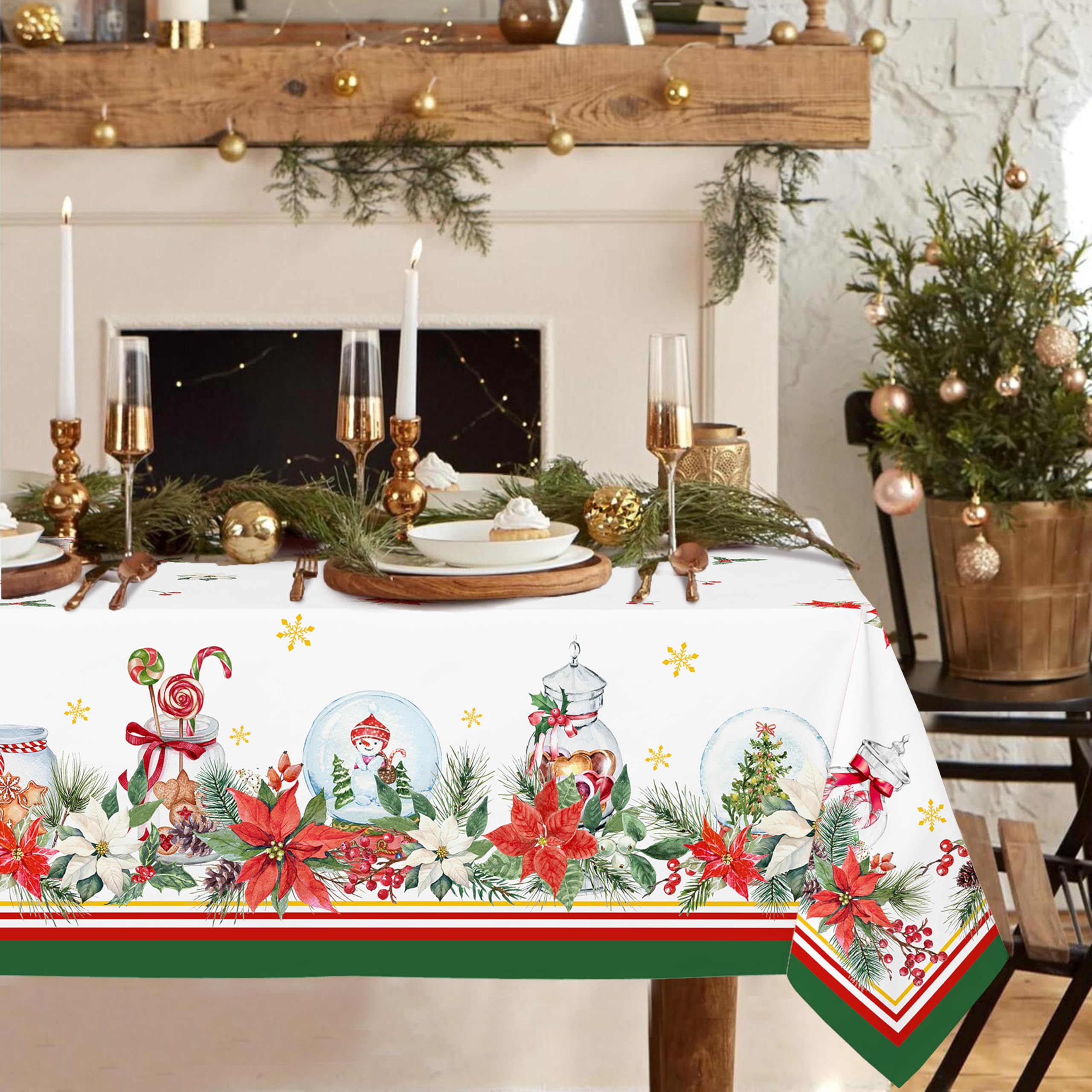 Rectangle Christmas Tablecloth 60 x 120In, Poinsettia Snowflake Holiday Decoration, Polyester Waterproof Wrinkle-Resistant Durable for Kitchen & Home Decor — image 1
