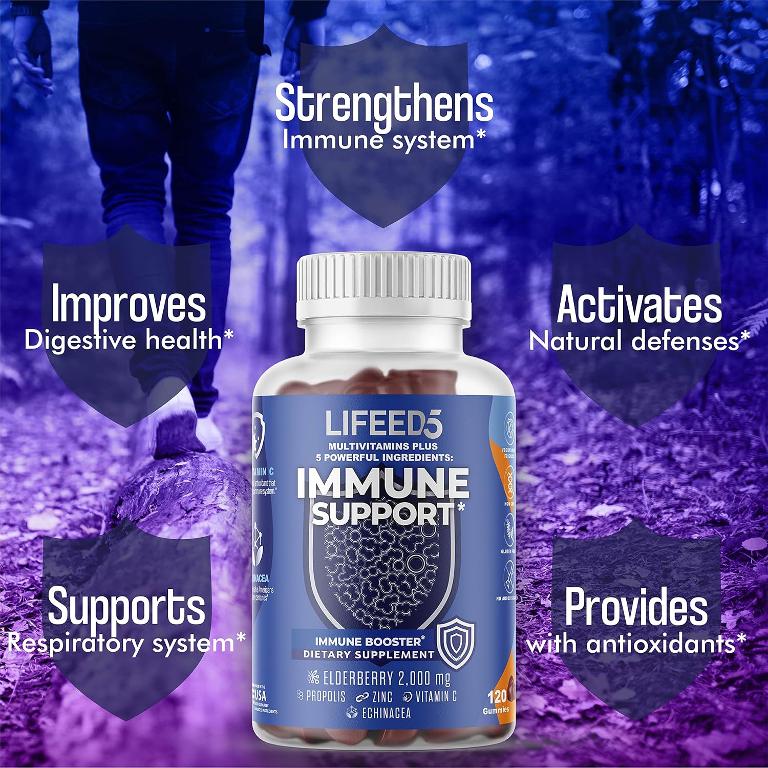 5 in 1 Immune Support Gummies - 2 Month Supply: Vitamin C & D + Zinc + Elderberry + Propolis + Echinacea | LIFEED5 Immune Support Supplement | 120 Elderberry Gummies