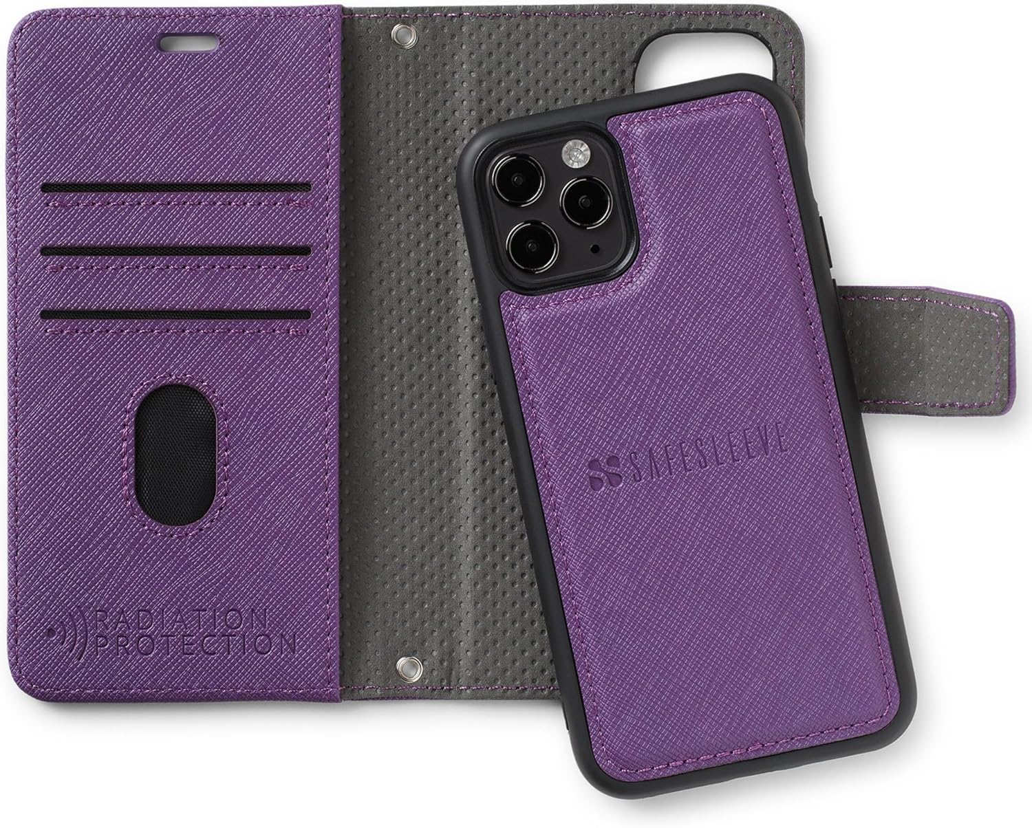 SafeSleeve Wallet Leather Case Detachable for iPhone 11 EMF Blocker for Cell Phone with 3 Card Holder & Adjustable Stand – Magnetic Closure, and Magnetic Folio Protection for Daily Use (Purple)