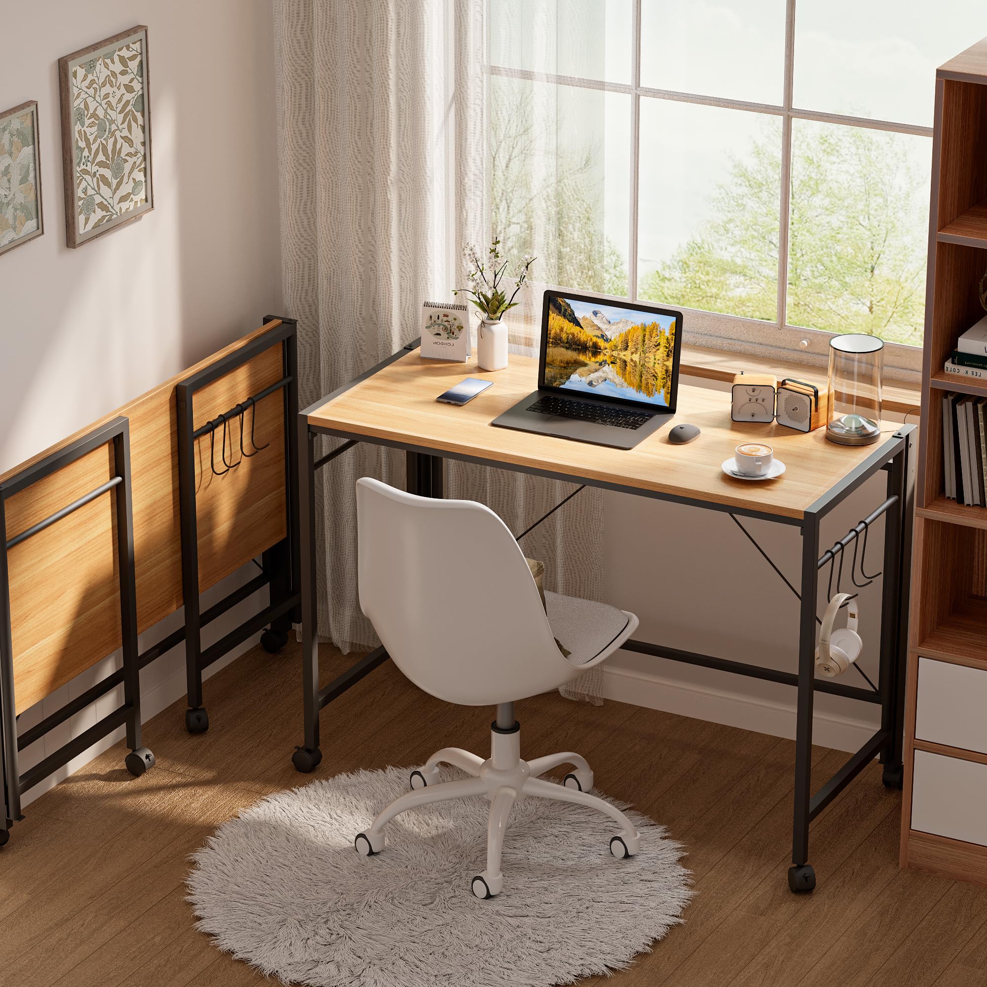 Ztexkee Folding Desk 110cm, Rolling Desk for Small Spaces Foldable Computer Desk with 2 Hooks Easy Assembly Portable Table for Small Spaces and Home Office Brown