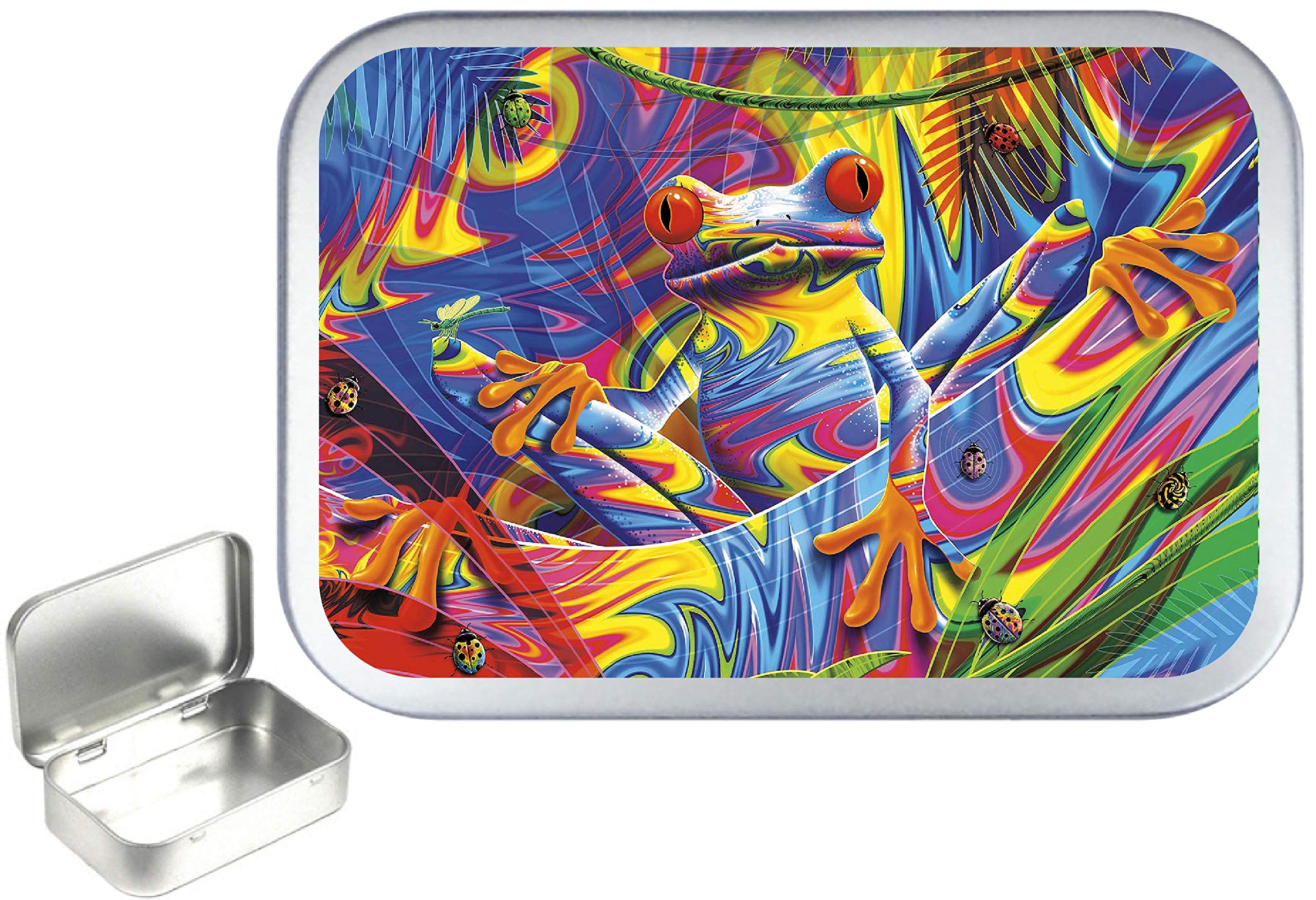 TEEZ Rainbow Frog 50ml Silver Hinged Tobacco Tin, Hinged 1oz Tobacco Tin