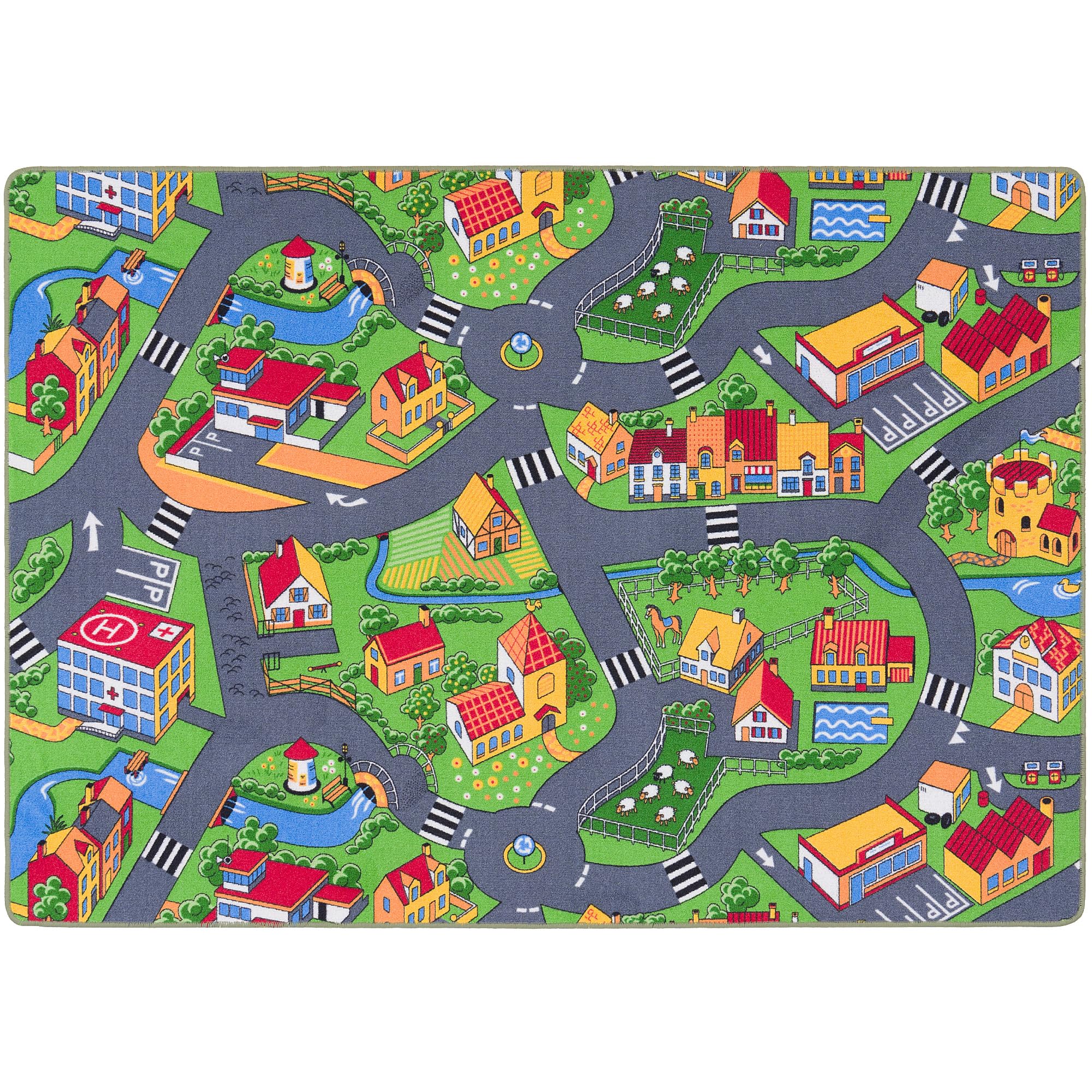 Pergamon Kinder Straßenteppich Beidseitig Fun Town & Little Village - Spielteppich für Kinderzimmer mit Straßenmotiven, Fördert Kreativität und Fantasie