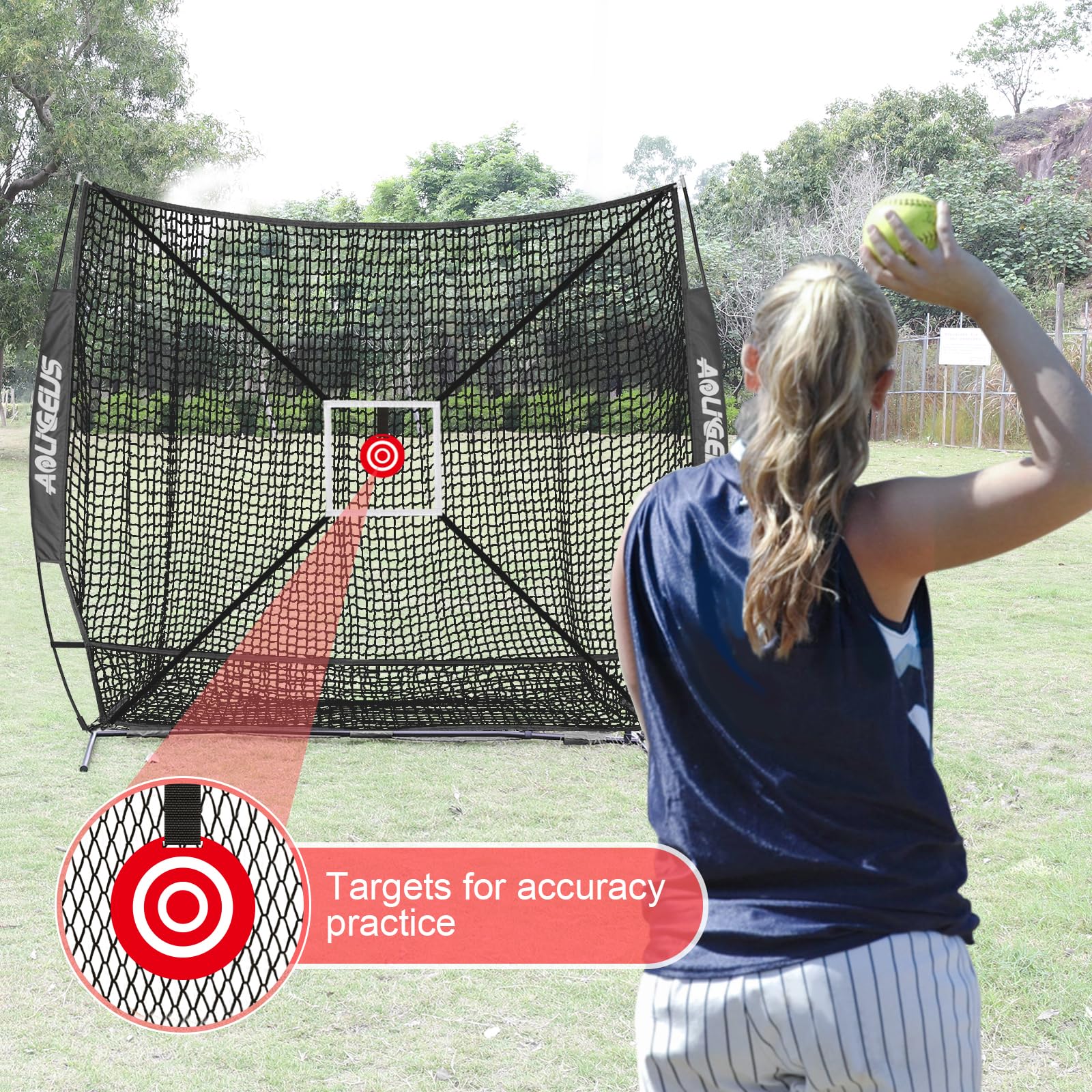 Red de práctica de béisbol y sóftbol de 7 x 7 pies, red de lanzamiento, red de bateo, con zona de golpe adicional, objetivo y objetivo de zona de golpe ajustable, para golpear, lanzar y