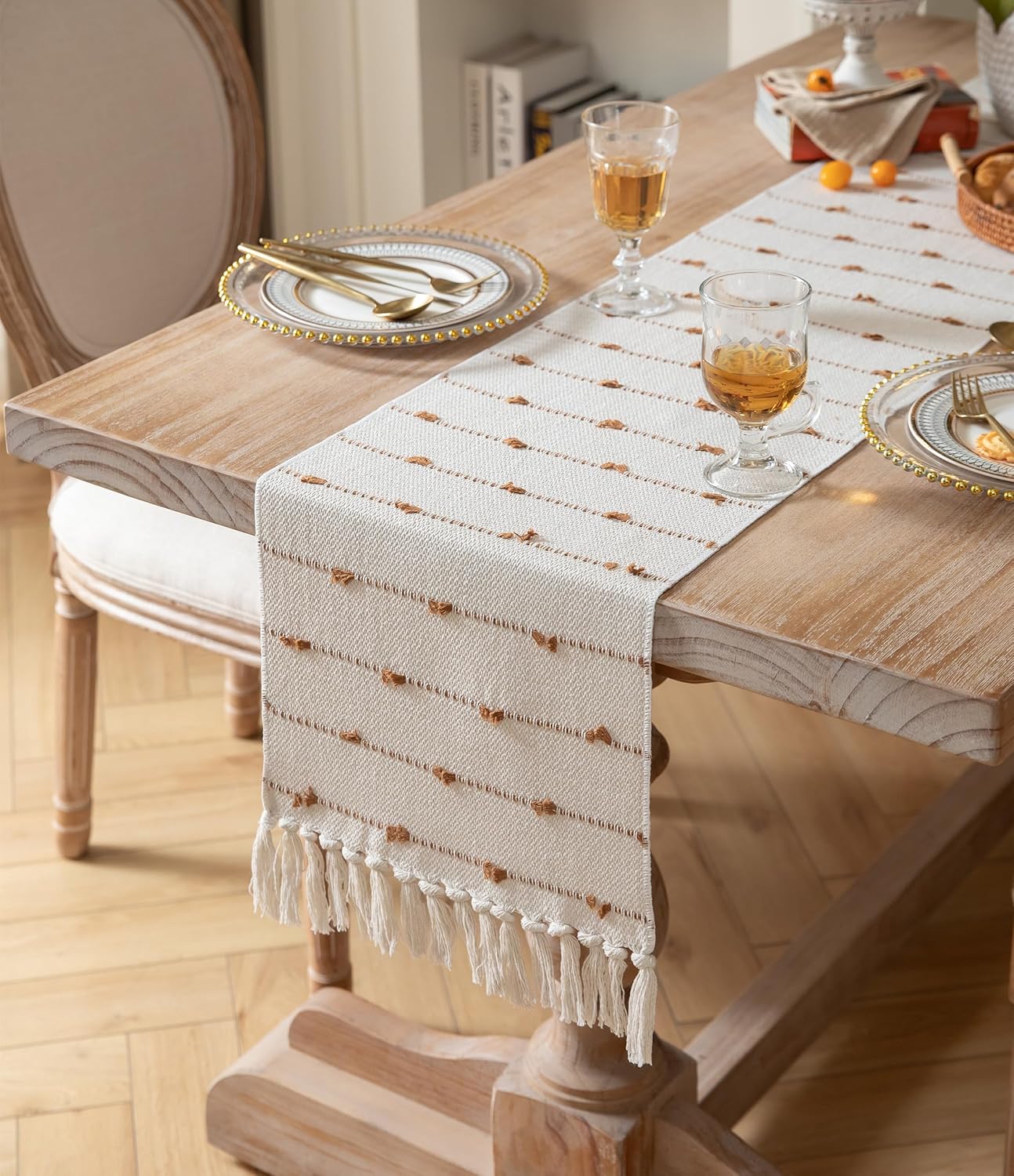 Caflife Boho Table Runner 108 Inchs Long for Modern Farmhouse Room Home Decor, Brown and Beige Coffee Table Runner, Natural Cotton Woven with Tassels Neutral, for Kitchen Dining Table Decor