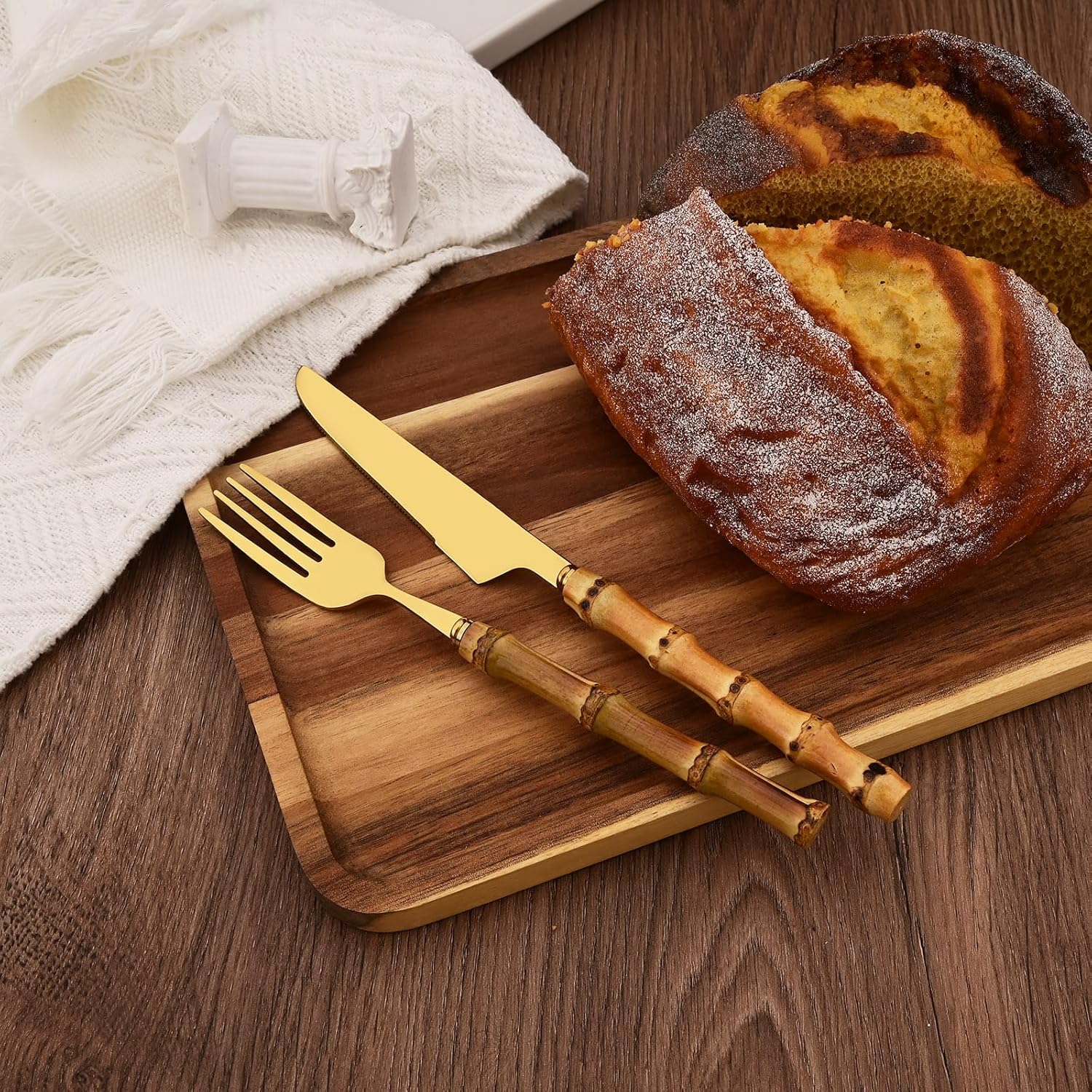 Stainless Steel Flatware Set, Bamboo Handle Silverware Set, Reusable Eating Utensils for Home Kitchen and Restaurant, Modern Gold Cutlery Set, 24 Pieces Service for 6