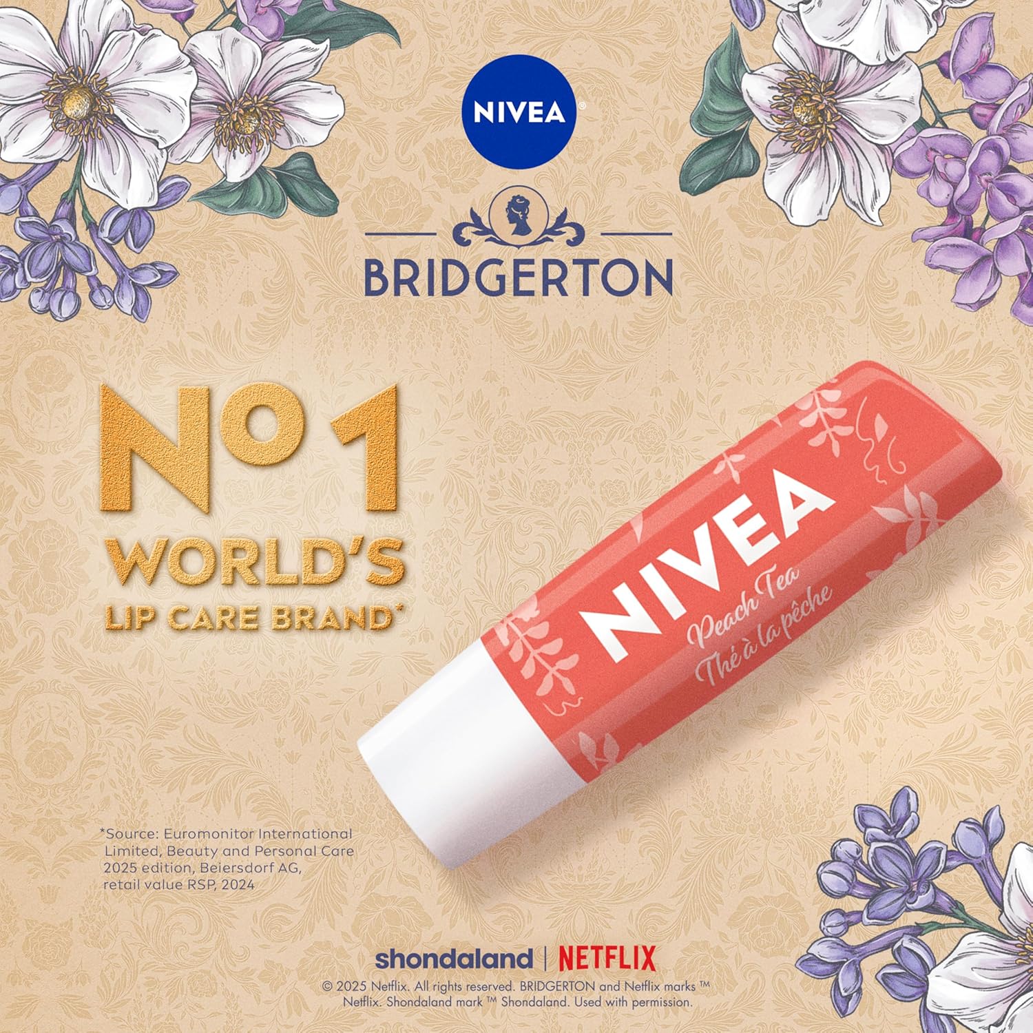 NIVEA Peach Tea Lip Balm, Nourishing Lip Care, Bridgerton Limited Edition Tinted Lip Balm with Peach Flavor and Shea Butter, 3-in-1 Moisture, Repair and Color, 4.8 g Stick - Image 7