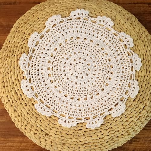 Miniatura 4 de Laivigo Manteles individuales redondos de encaje de algodón hecho a mano, 2 unidades, 10 pulgadas, color blanco