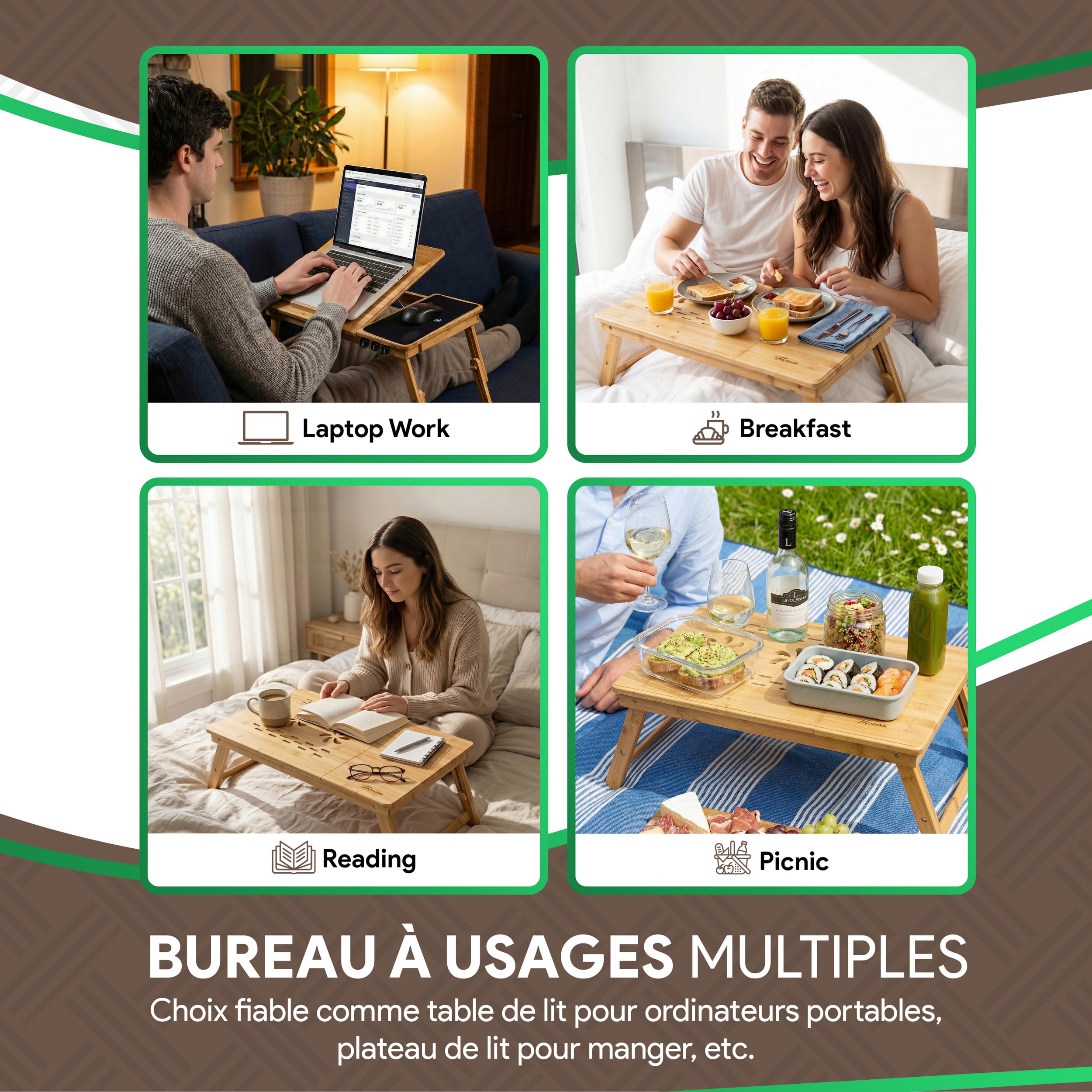 Table de Lit pour Ordinateur Portable – Bureau de Lit Réglable en Bambou avec Tiroir, Tapis de Souris et Organisateur de Câbles – Table PC Portable Pliable pour Lit et Canapé