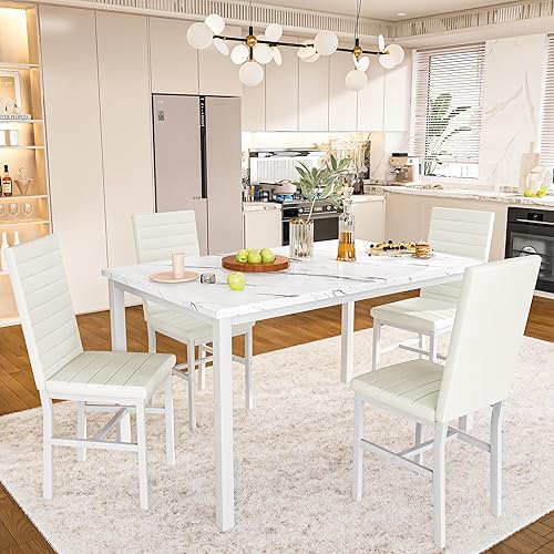 Miniatura 6 de Hooseng Juego de mesa de comedor para 4, juego de mesa de comedor de mármol sintético de 5 piezas con 4 sillas tapizadas de piel sintética, juego de