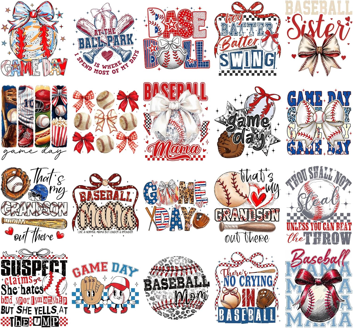 Baseball DTF Transfers Ready to Press - 20 PCS Bow Iron on Transfers for Game Day Outfit Retro Iron on Decals Stickers Heat Vinyl Design for Short Sleeve Hat Sport Sweats DIY Craft Decor