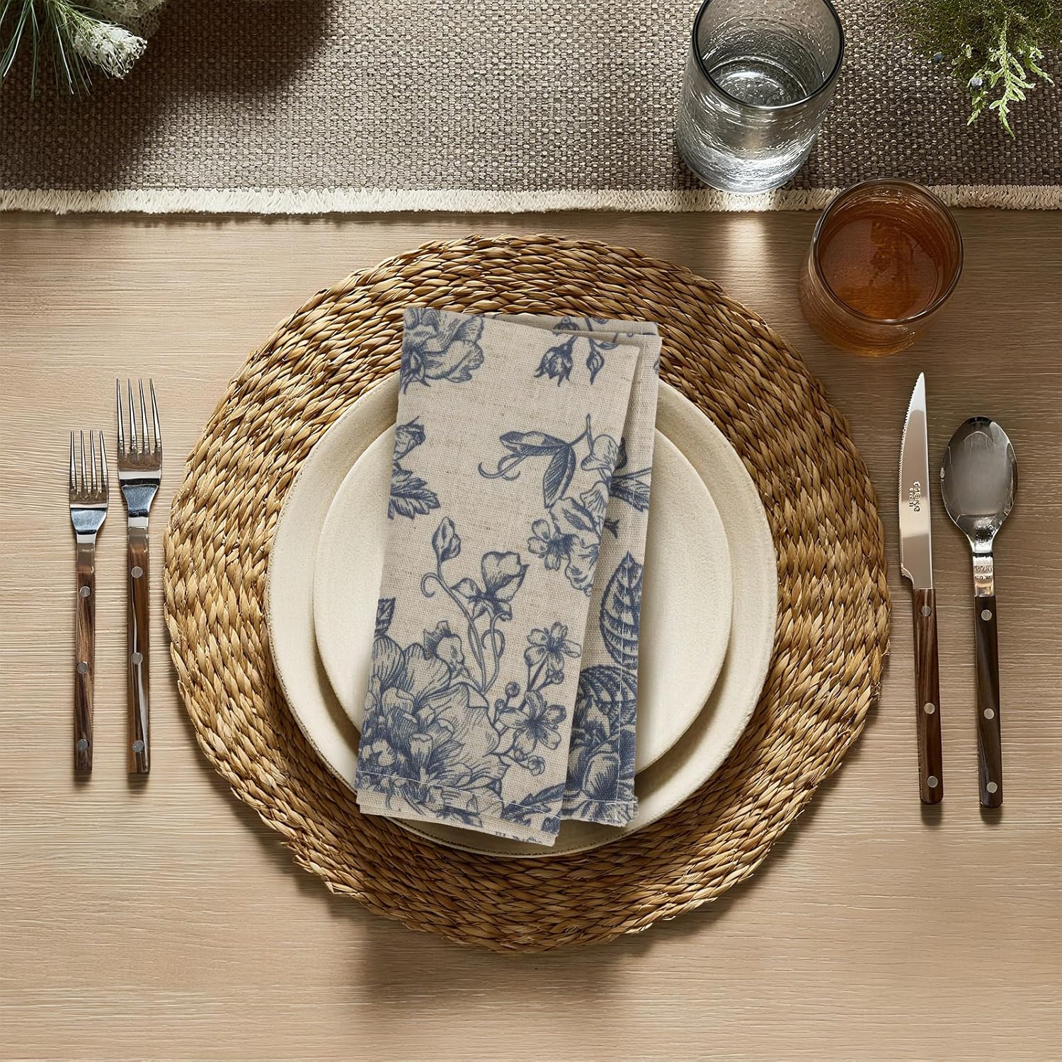 Blue Floral Cloth Napkins Set of 12, Vintage Linen Cotton Dinner Napkins 15x15 Inch - Reusable, Cottagecore Aesthetic Party Decorative Napkin Towels for Everyday Use, Weddings, and Holiday