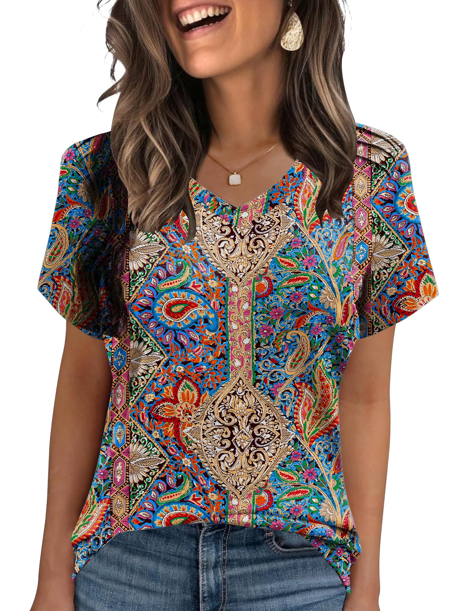 AKEWEI Womens Summer Tops V Neck T Shirts Pleated Clothes Spring Fashion Blouses